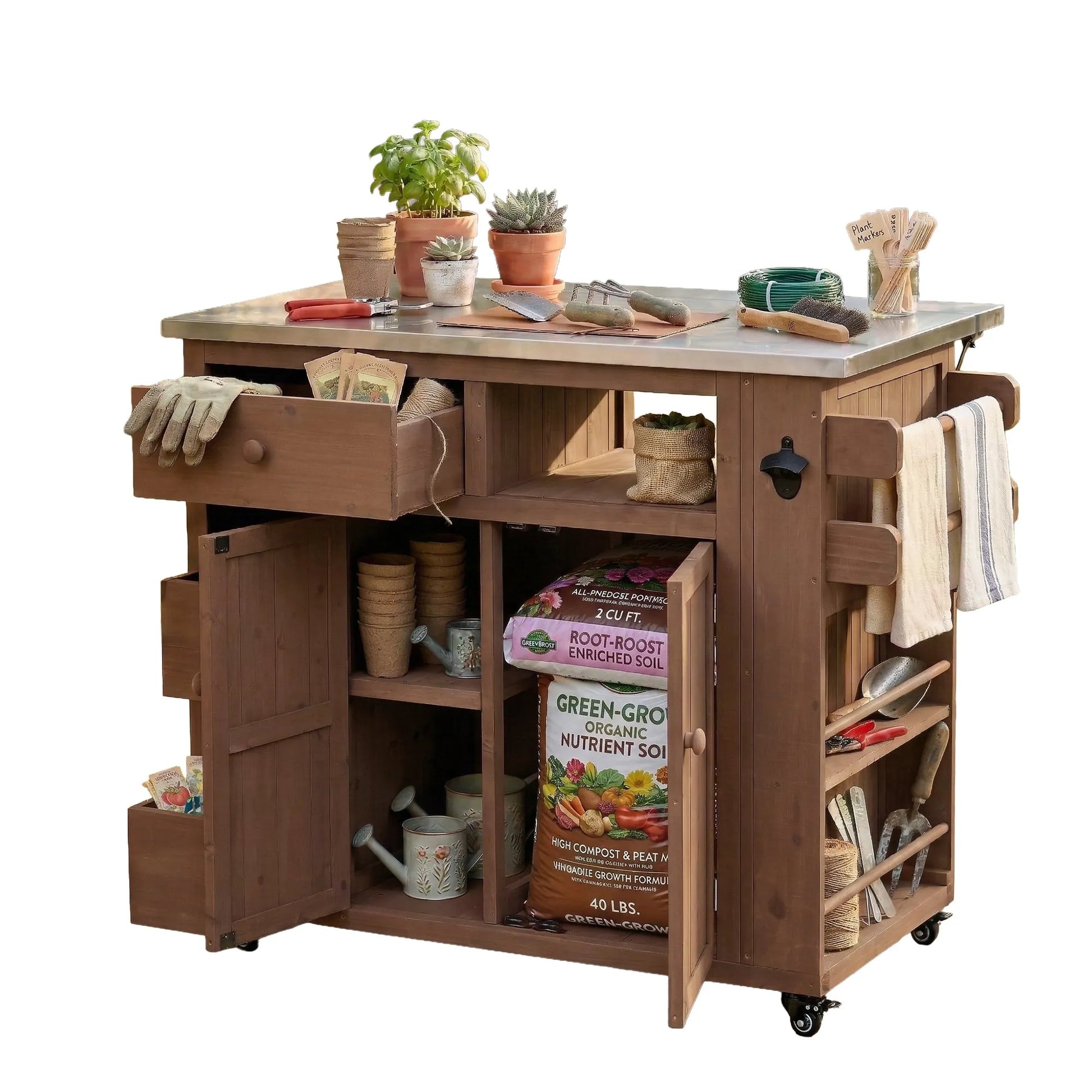 Extendable Outdoor Kitchen Island with Stainless-Steel Top – Brown – view 12