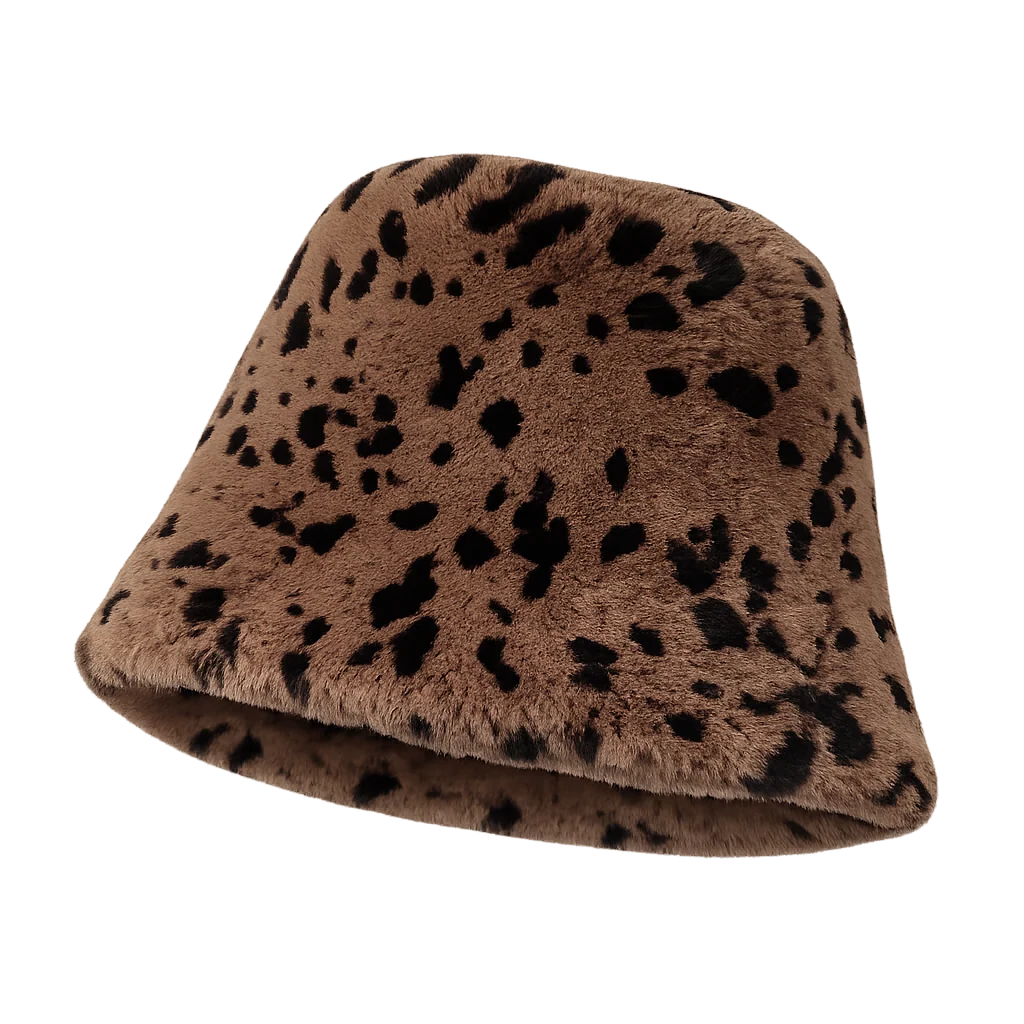 Brown-and-black spotted rex rabbit fur bucket hat, front view