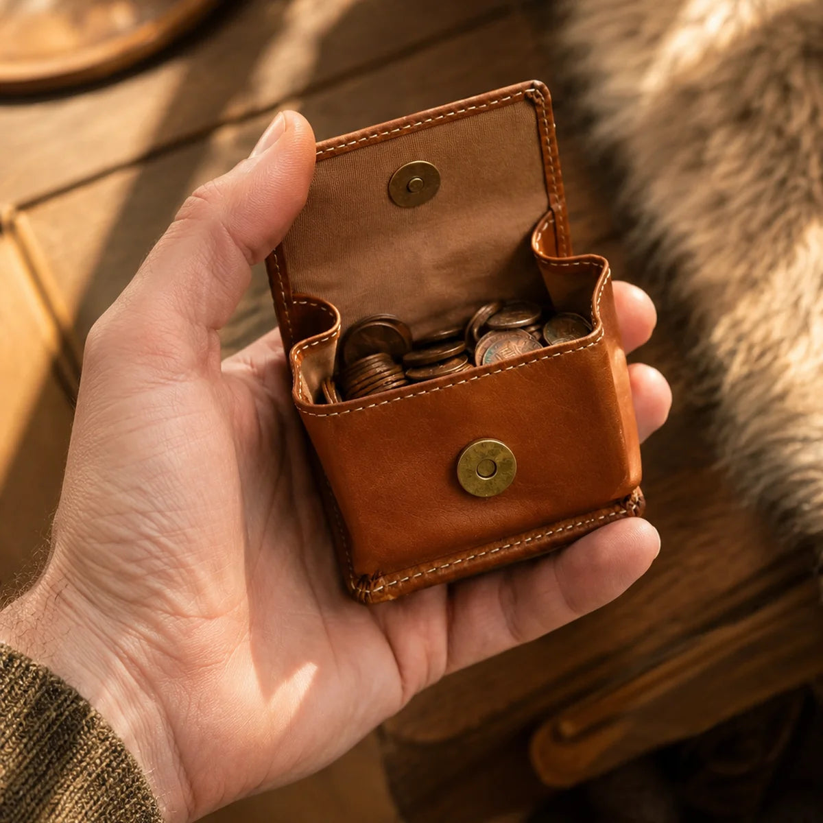 Open brown leather coin purse with magnetic snap and coins