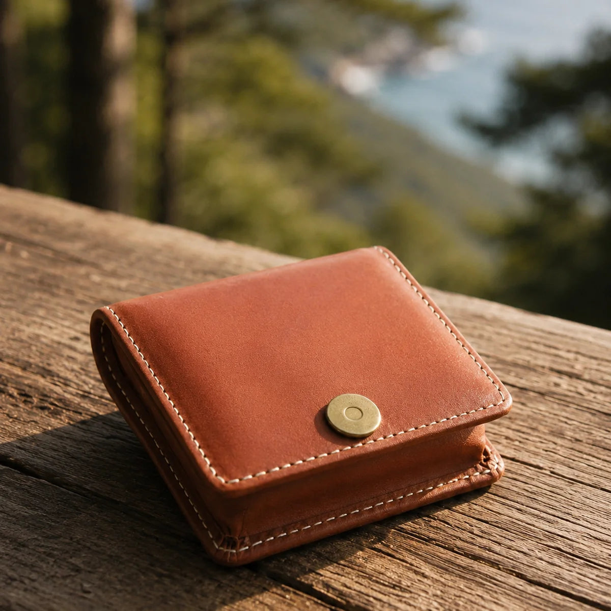 Brown leather coin purse on an outdoor wood surface