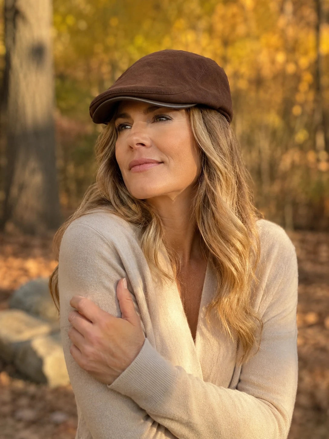 Autumn portrait with the Mocha Brown sheepskin leather newsboy cap