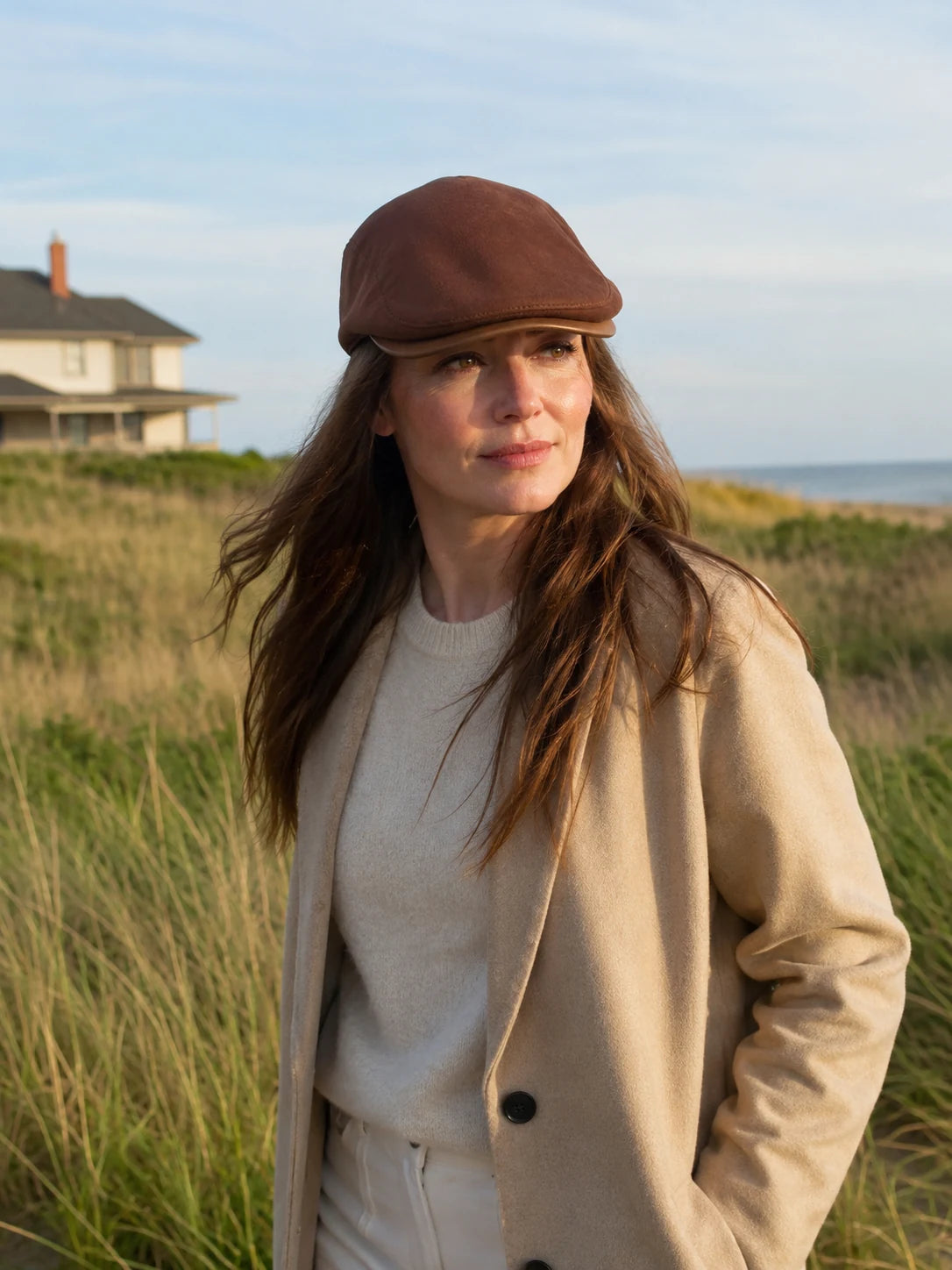 Woman wearing the Mocha Brown sheepskin leather newsboy cap by the coast