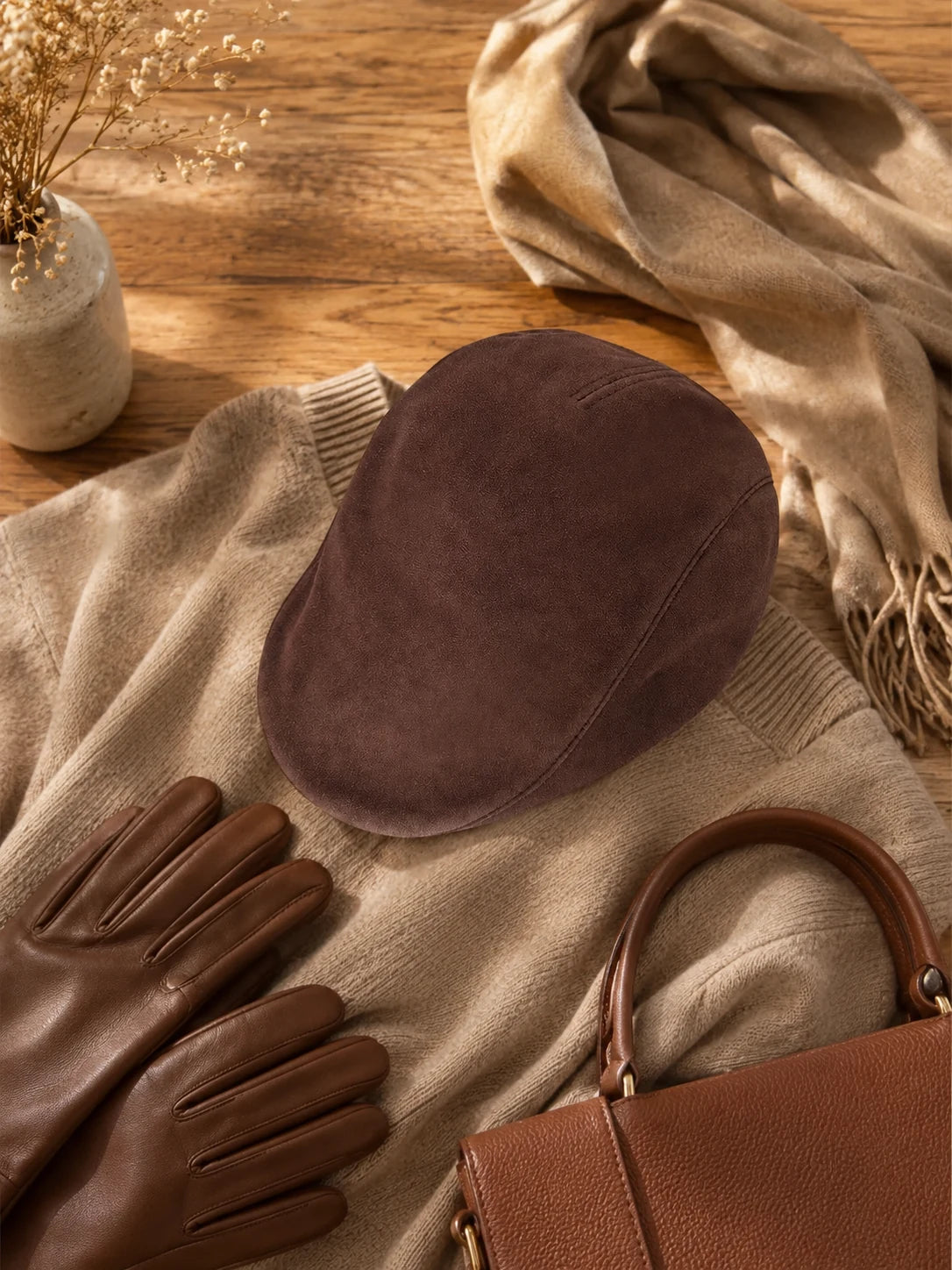 Mocha Brown genuine sheepskin leather newsboy cap styled in a winter flat lay