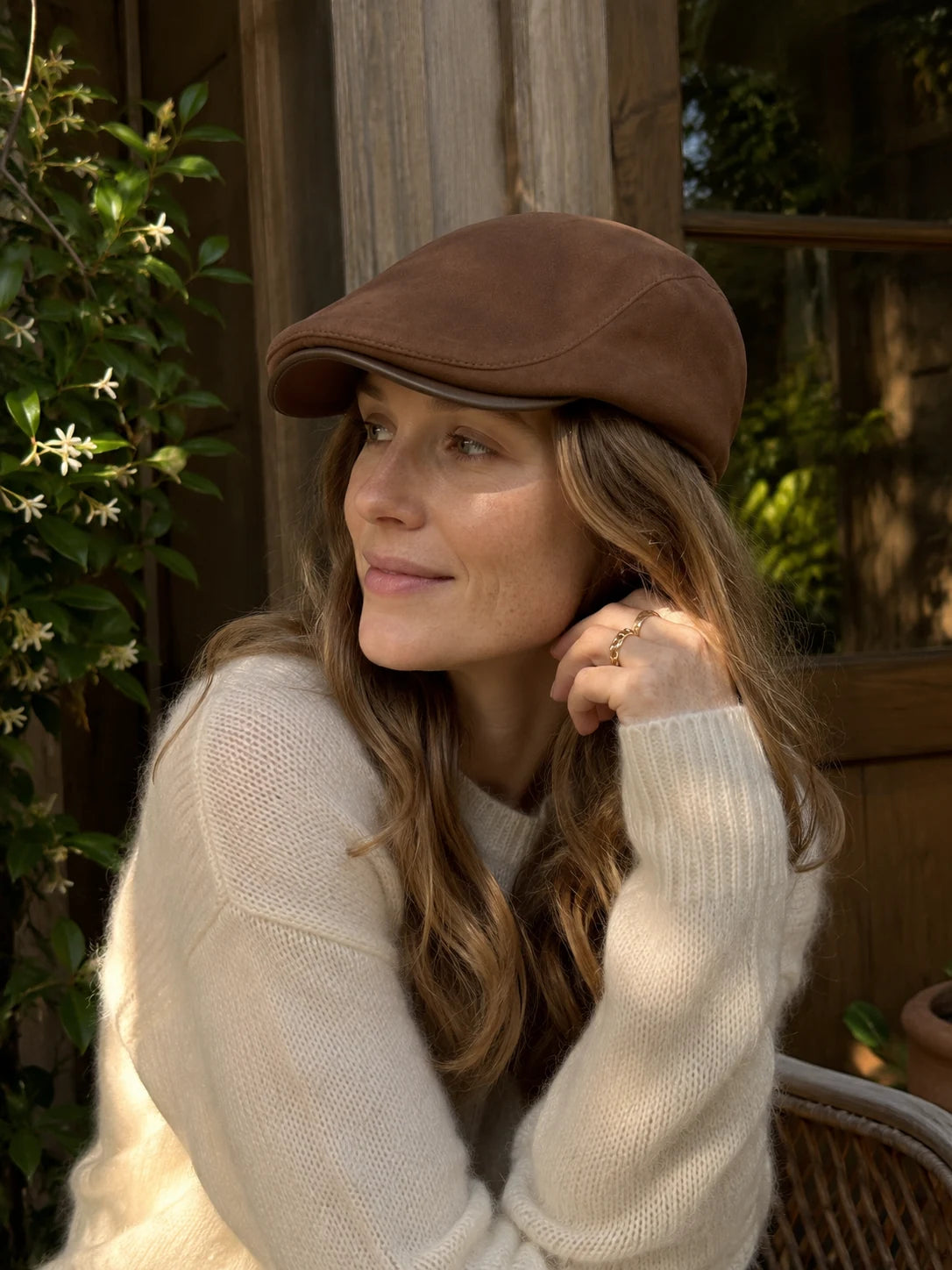 Mocha Brown sheepskin leather newsboy cap porch styling detail