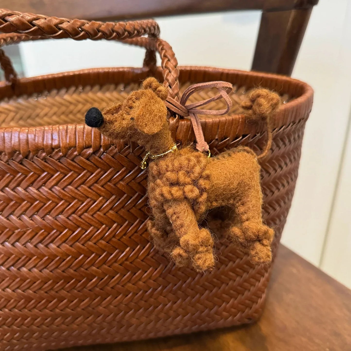 Brown handmade wool felt poodle bag charm with cord loop
