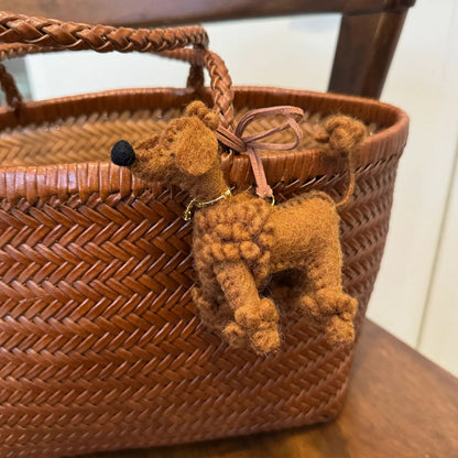 Brown handmade wool felt poodle bag charm with cord loop