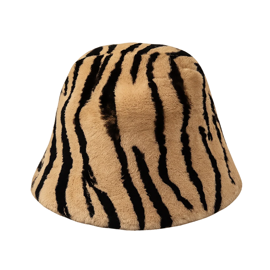Camel-and-black striped rex rabbit fur bucket hat, front view