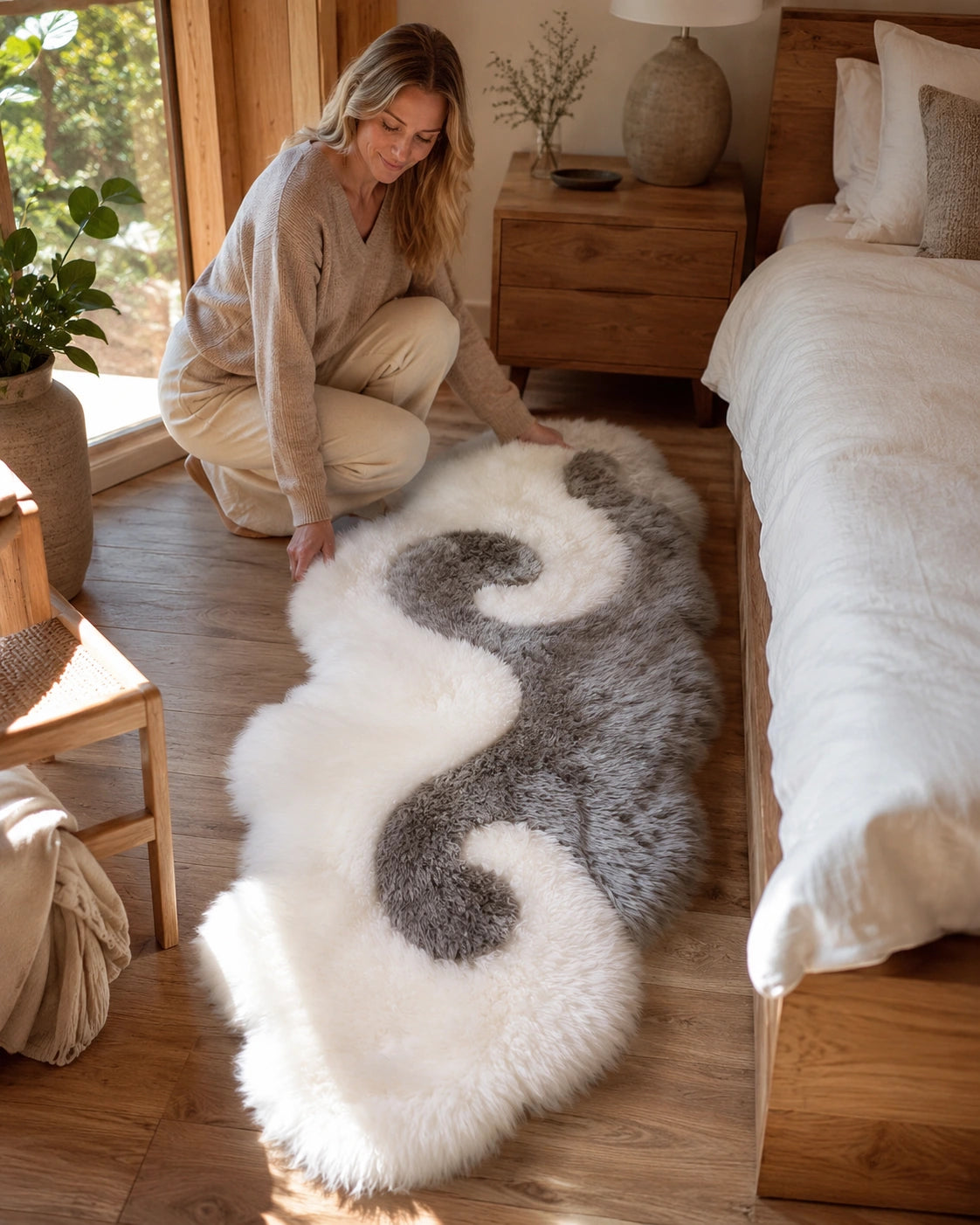 Mushroom taupe and ivory long-wool runner rug in a warm bedroom