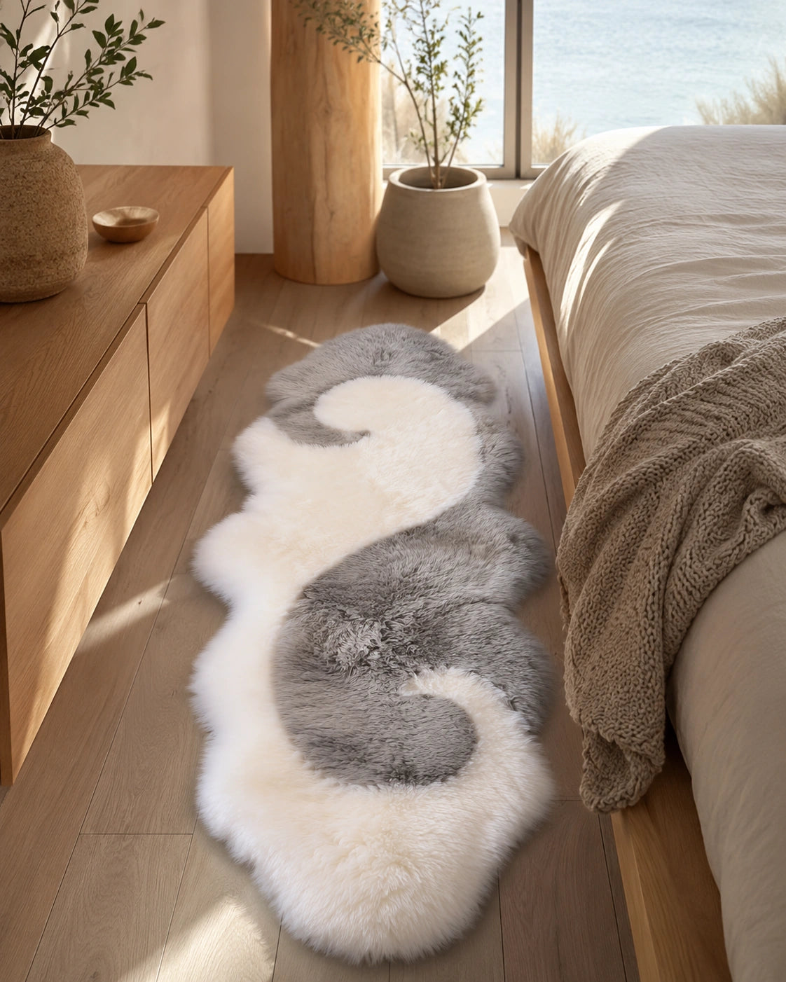 Silver gray and ivory Australian long-wool runner rug styled beside a bed
