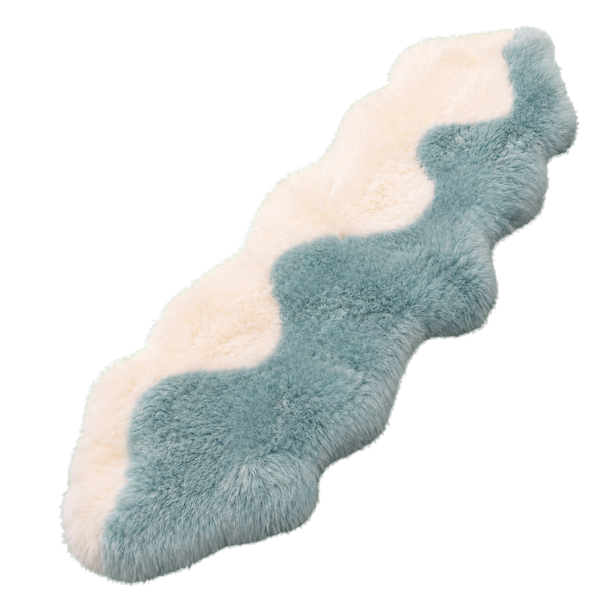 Muted Blue & Ivory genuine Australian long-wool irregular runner rug on transparent background
