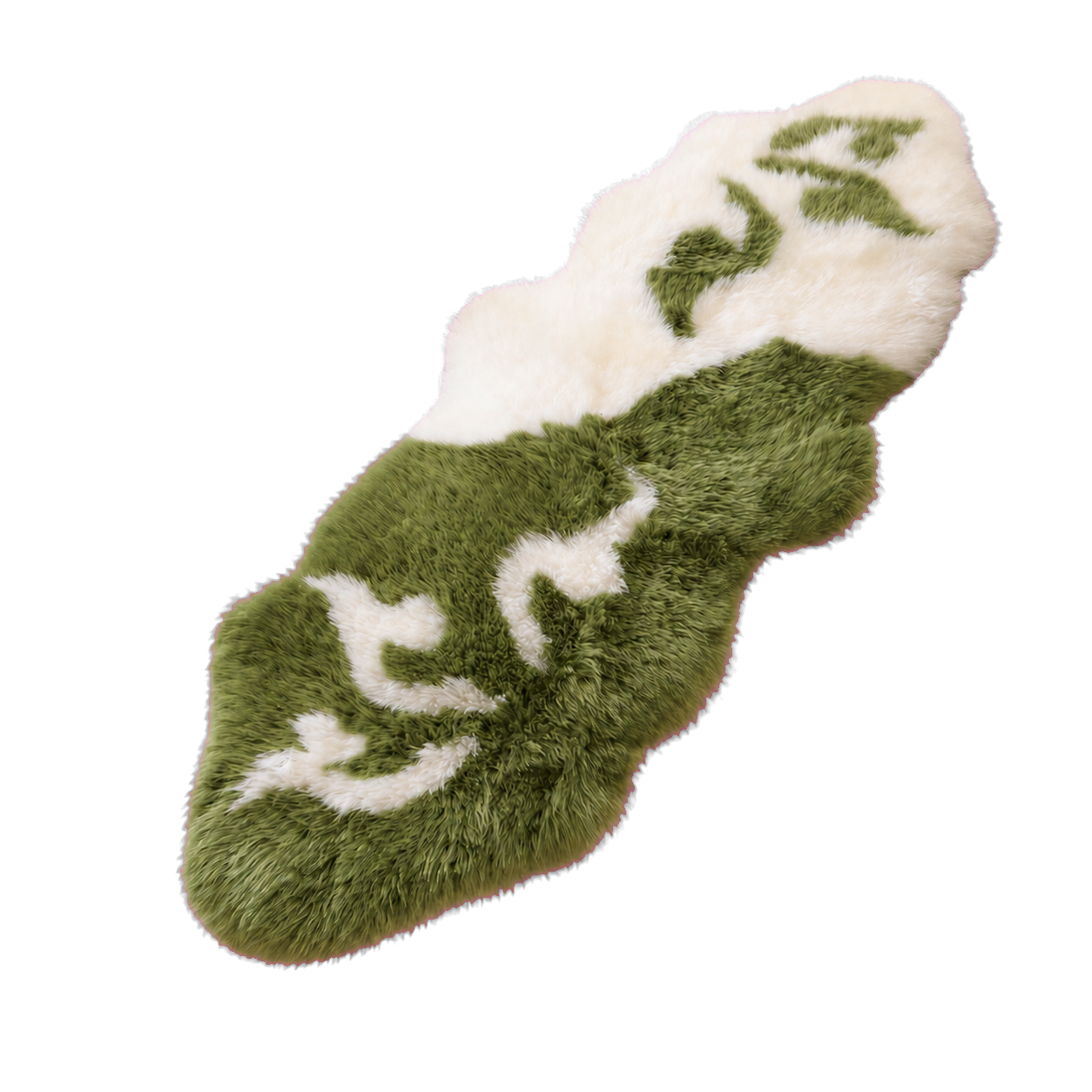 Olive Green & Ivory genuine Australian long-wool irregular runner rug on transparent background