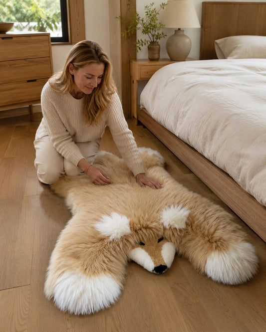 Light brown fox-shaped genuine Australian wool rug beside a bed
