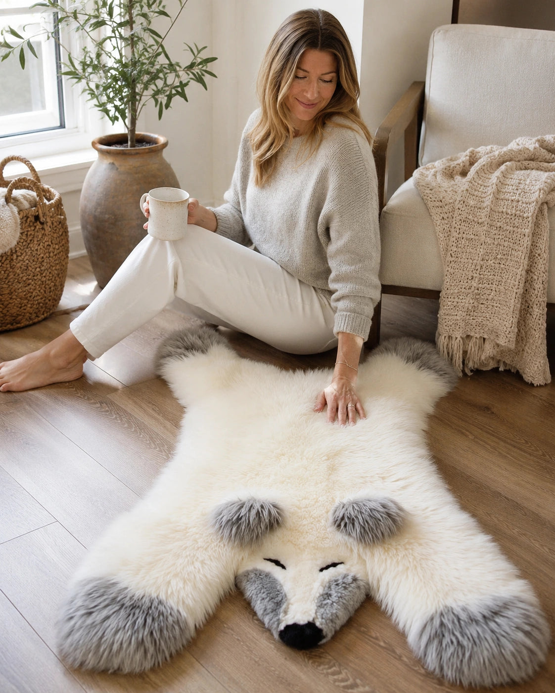 White fox-shaped Australian wool rug in a warm living room