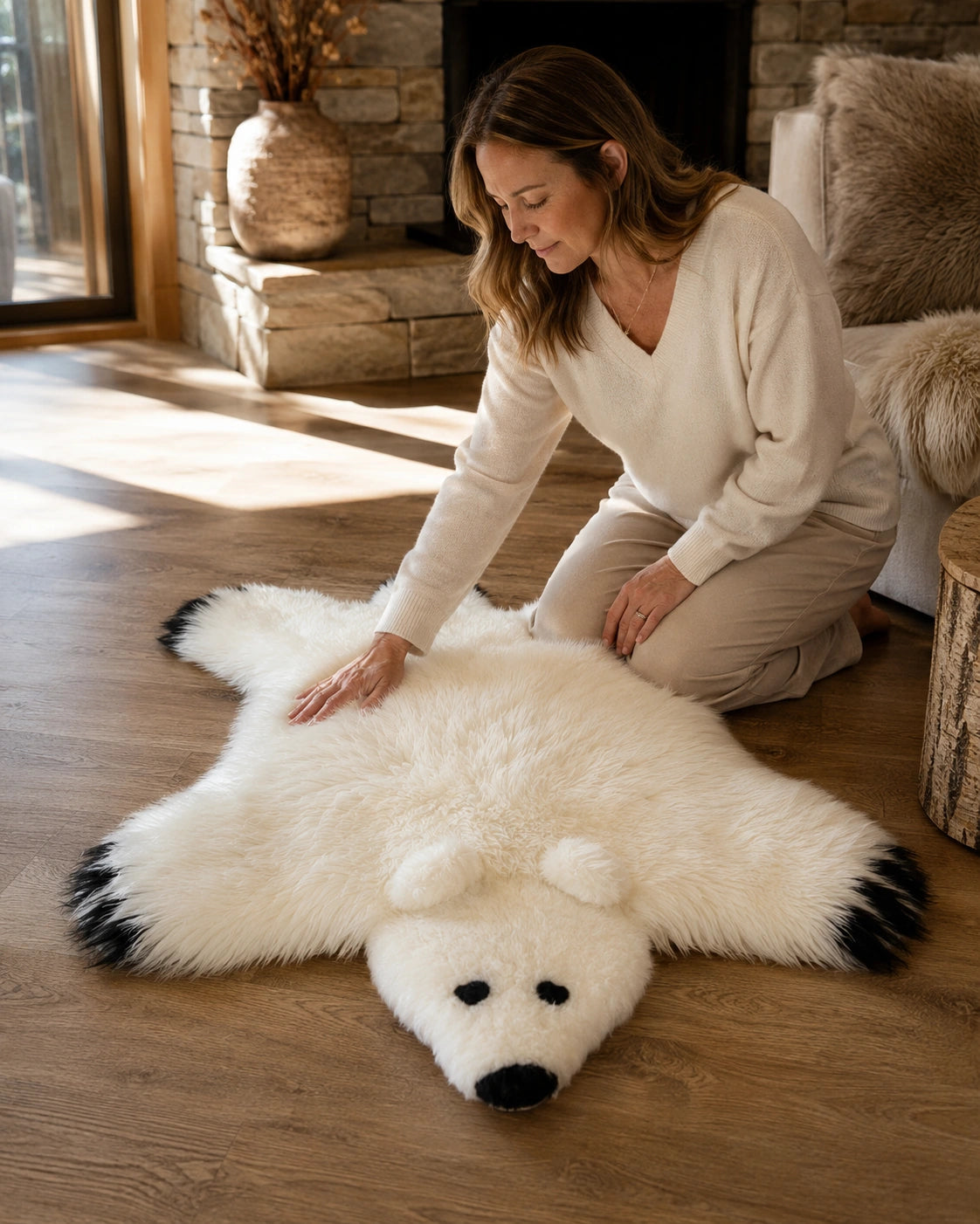 White bear-shaped Australian wool rug in a warm wood interior