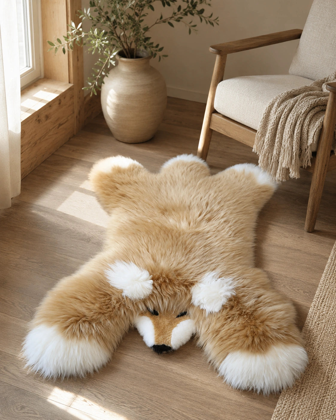 Light brown fox-shaped Australian wool rug styled beside a reading chair