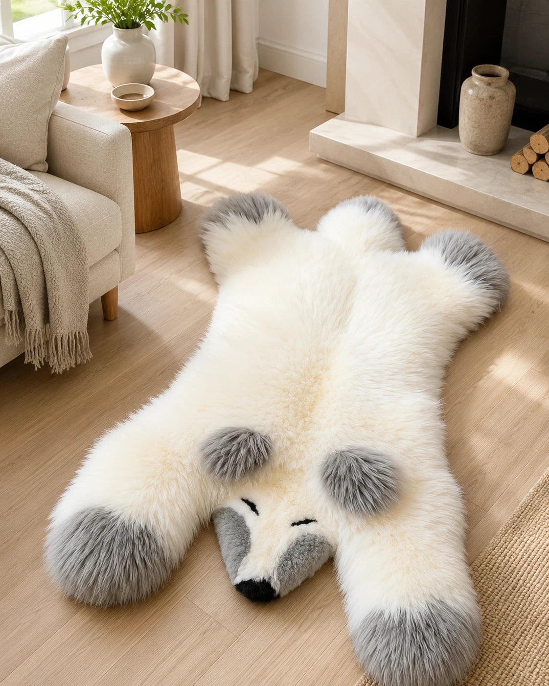 White fox-shaped genuine wool rug styled near a fireplace