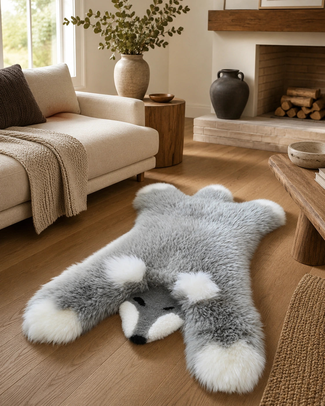 Gray fox-shaped genuine wool rug in a quiet living room