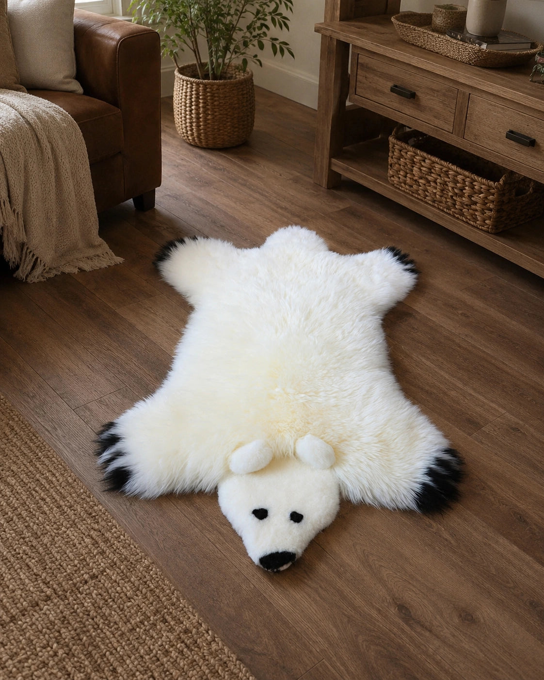 White bear-shaped Australian wool rug styled on a dark wood floor