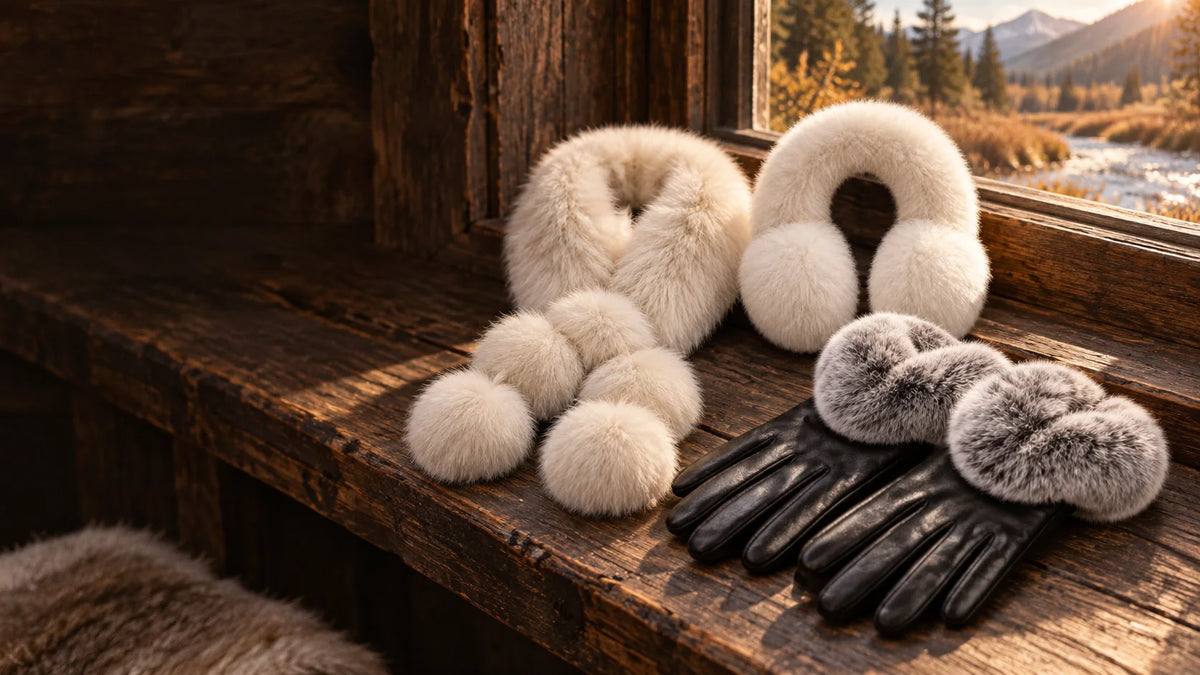 Natural fur earmuffs, a pom-pom scarf and leather gloves beside a sunlit autumn river.