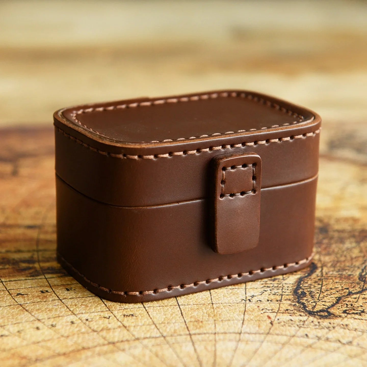 Coffee Brown hand-stitched cowhide jewelry box