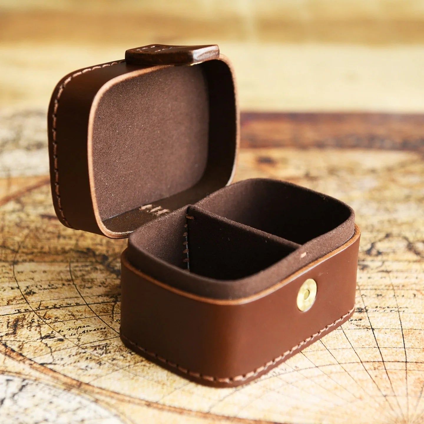 Open Coffee Brown cowhide jewelry box with divider
