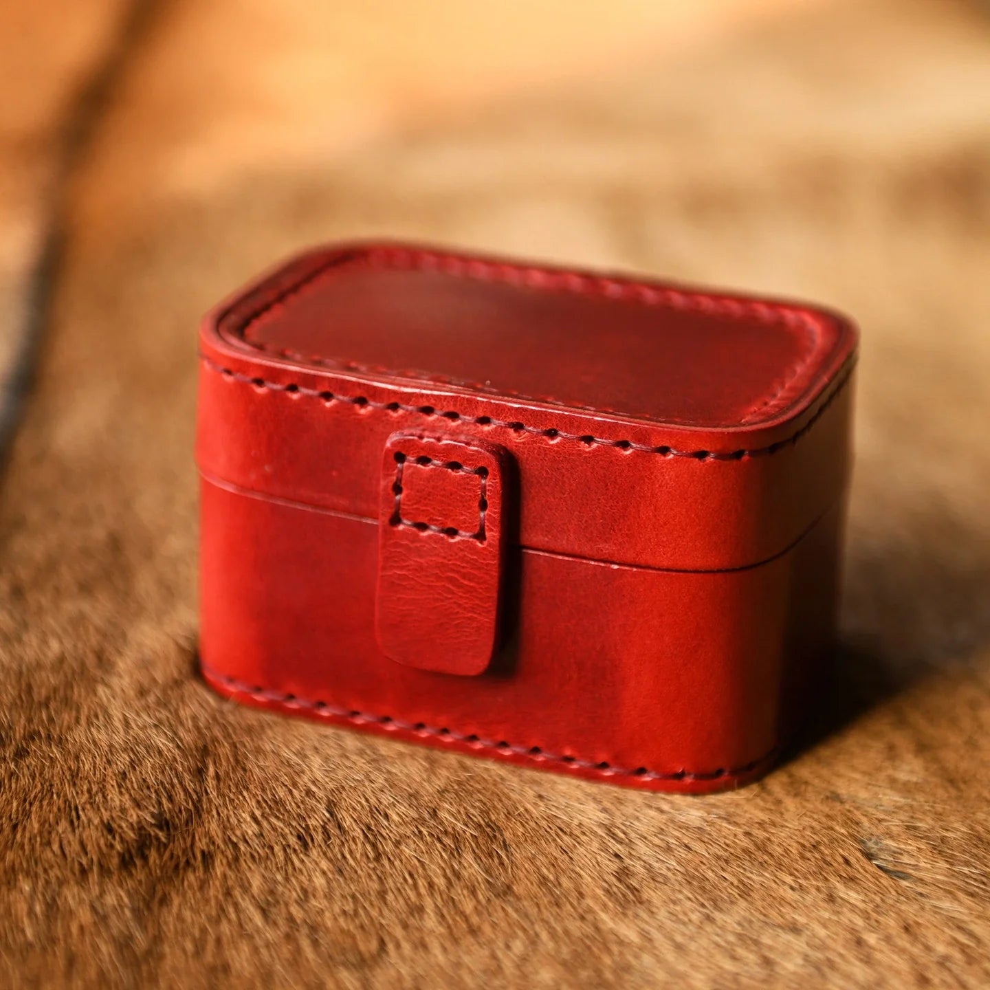 Red hand-stitched cowhide travel jewelry box