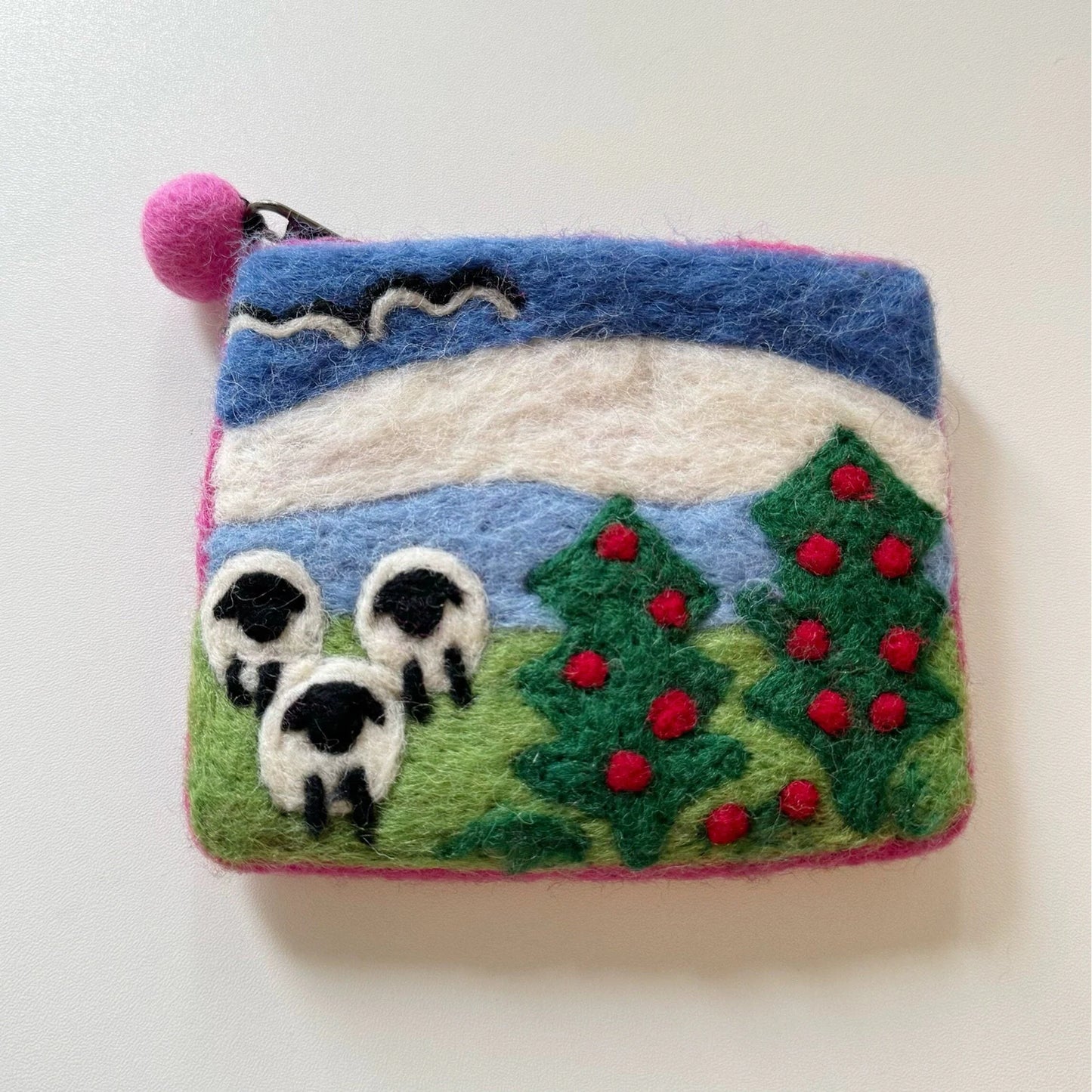 Handmade wool felt zip pouch — Snow Mountain Sheep — 14 × 11 cm