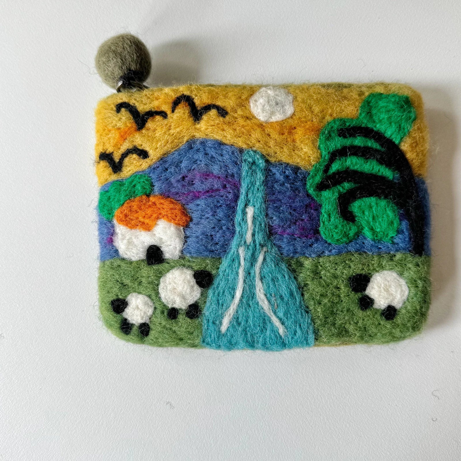 Handmade wool felt zip pouch — Woodland Flock — 14 × 10 cm