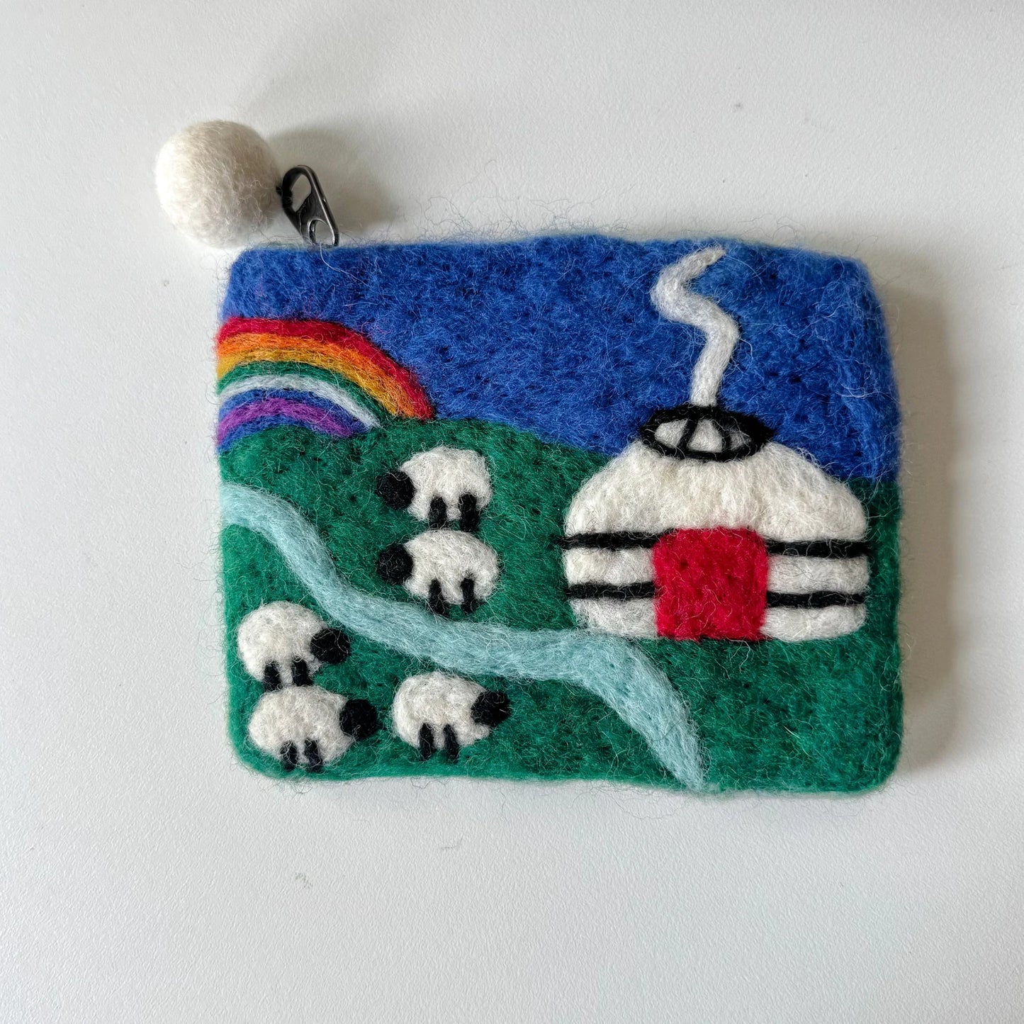 Handmade wool felt zip pouch — Meadow Flock — 14 × 10 cm