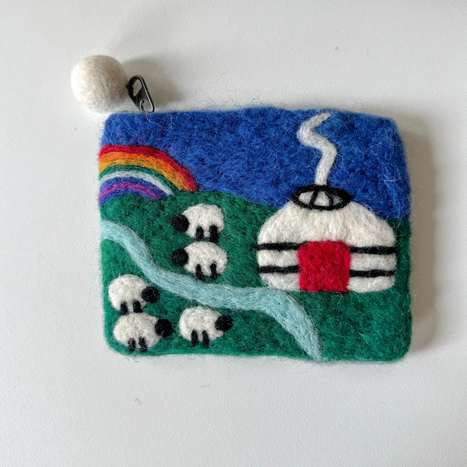 Handmade wool felt zip pouch — Meadow Flock — 14 × 10 cm