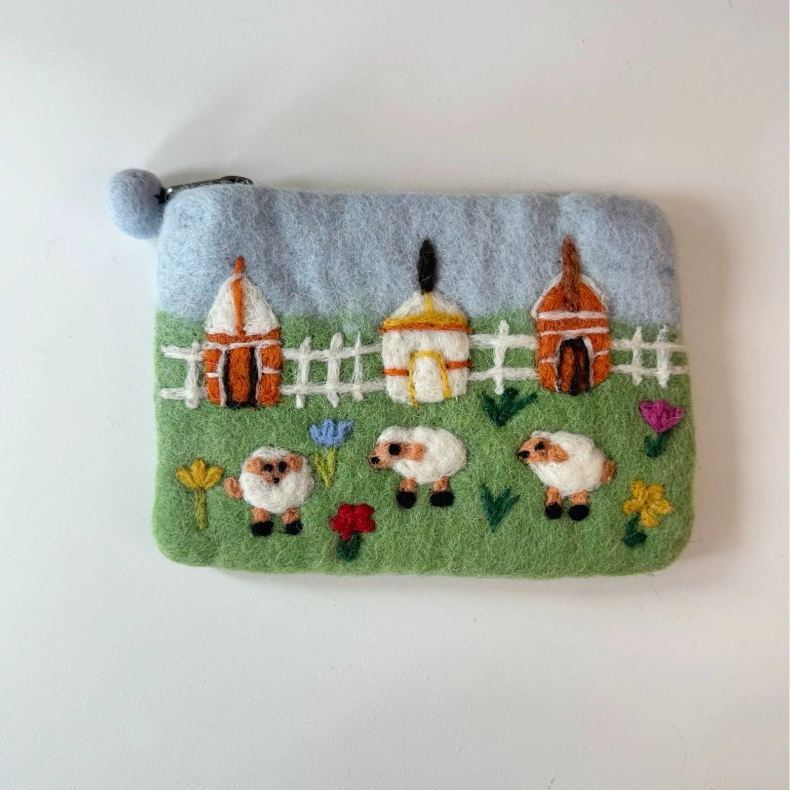 Handmade wool felt zip pouch — Three Sheep — 14 × 11 cm
