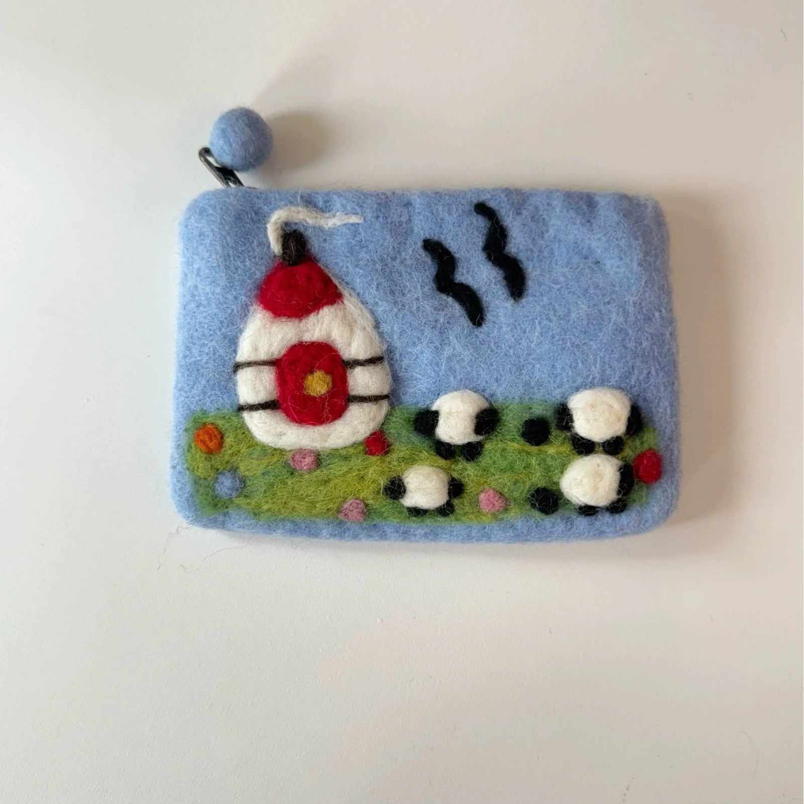 Handmade wool felt zip pouch — Four Sheep — 14 × 11 cm
