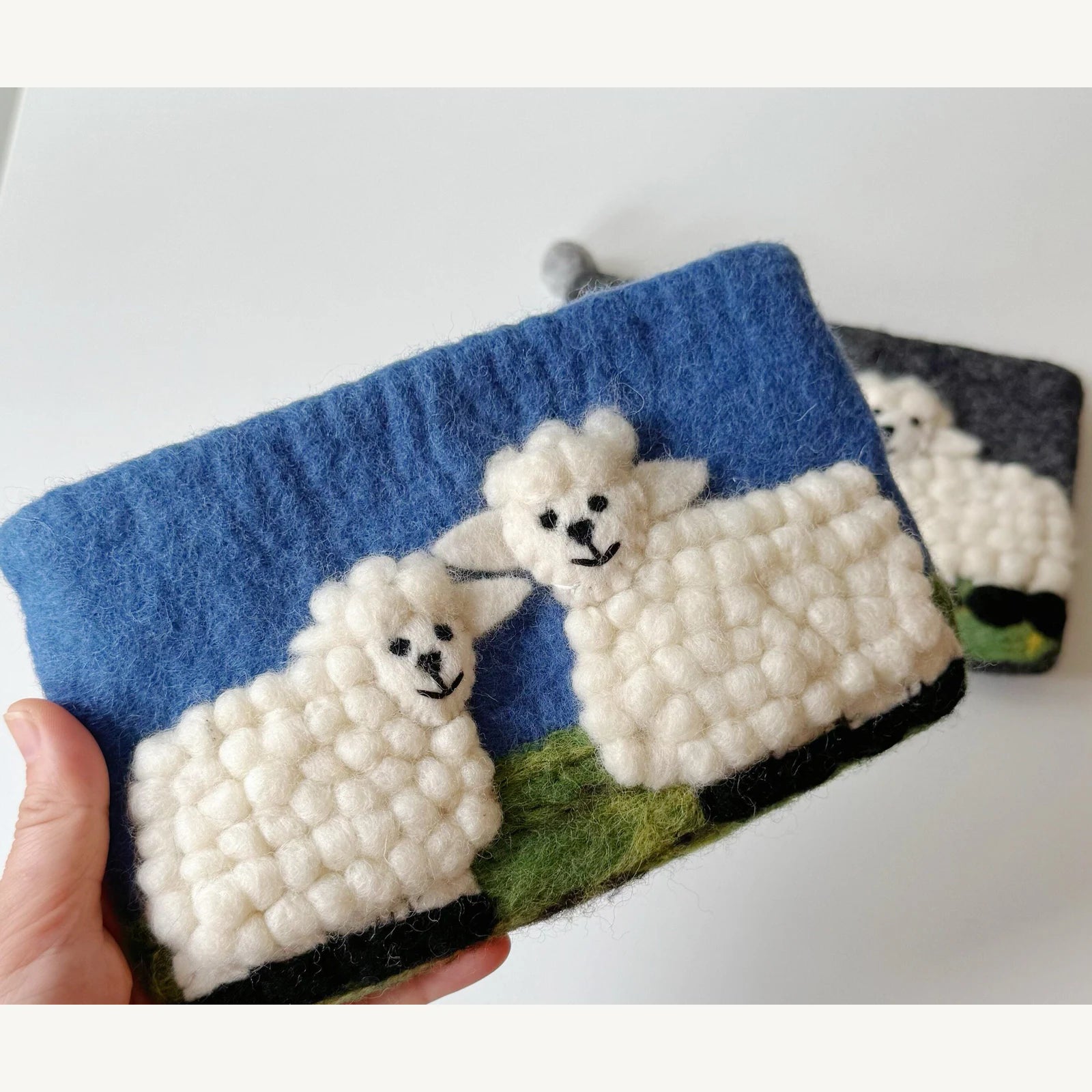 Handmade wool felt zip pouch — Blue & White Sheep — 20 × 12 cm