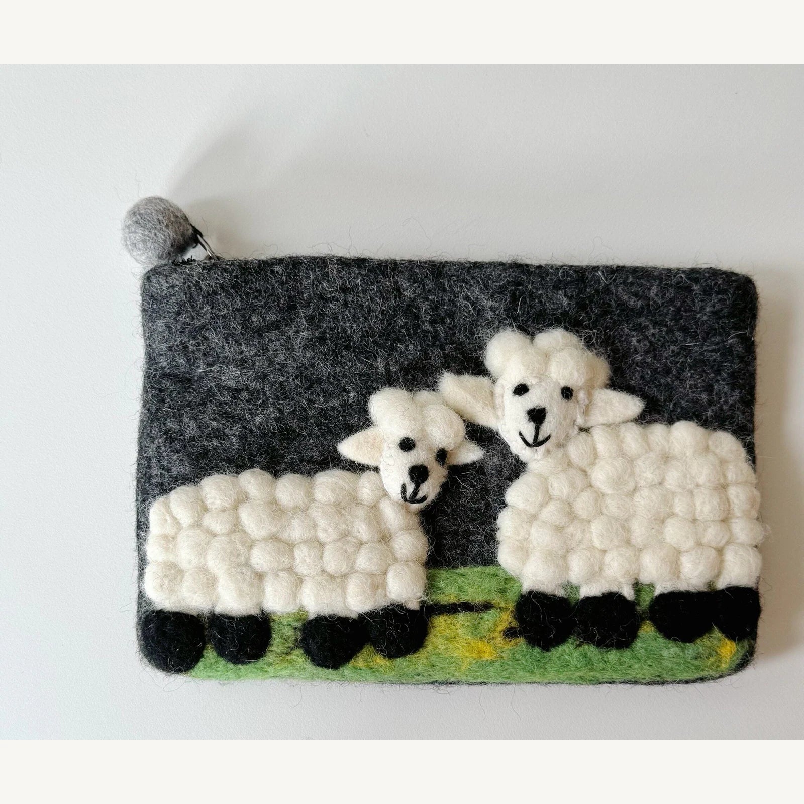 Handmade wool felt zip pouch — Grey Sheep — 20 × 12 cm