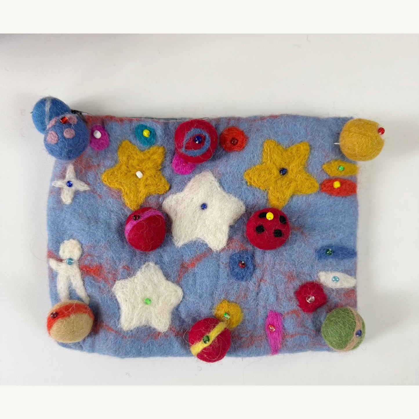 Handmade wool felt zip pouch — Sky Blue Planet — 20 × 14 cm