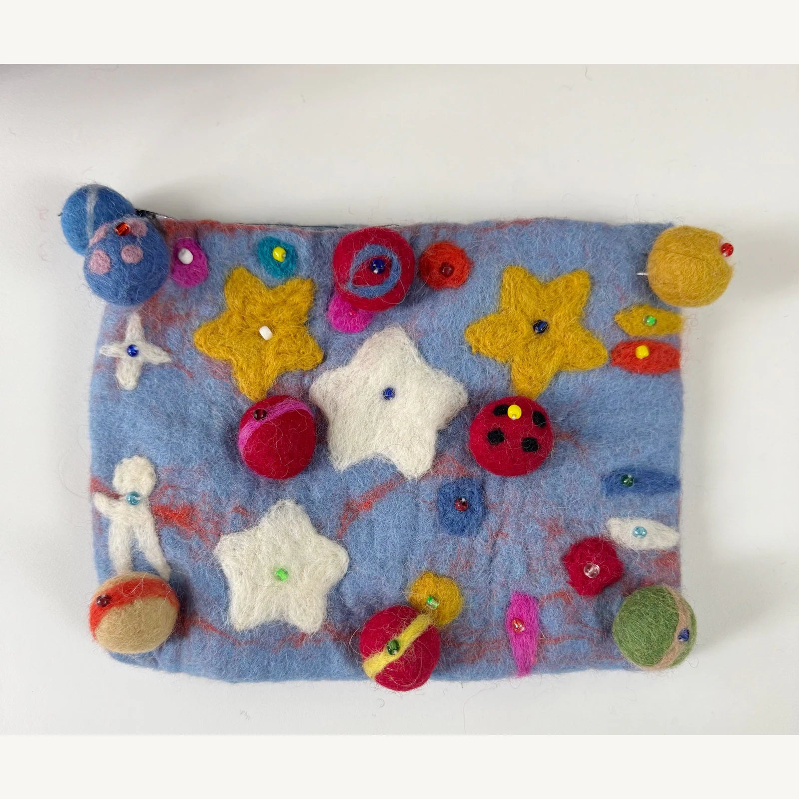 Handmade wool felt zip pouch — Sky Blue Planet — 20 × 14 cm