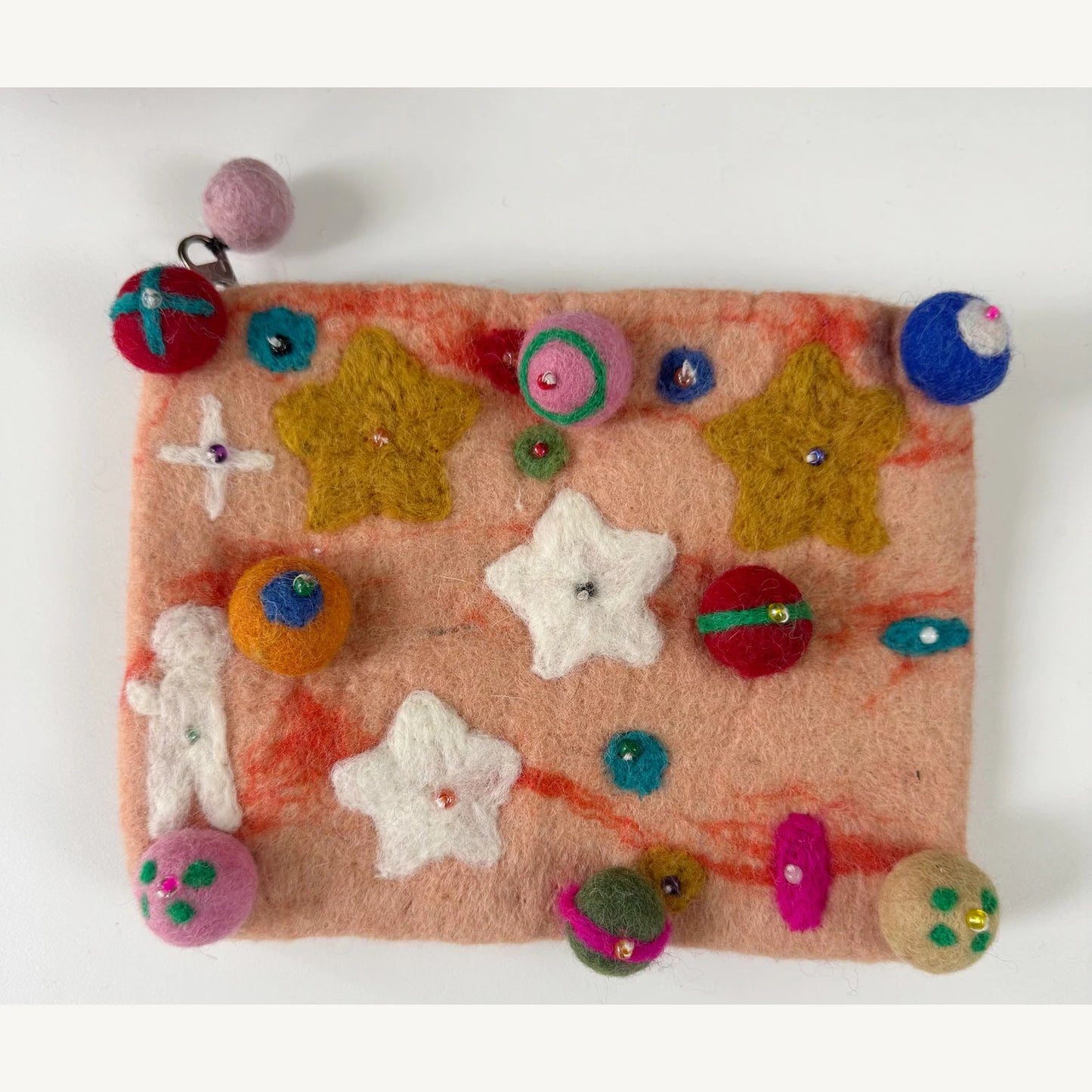 Handmade wool felt zip pouch — Blush Planet — 20 × 14 cm