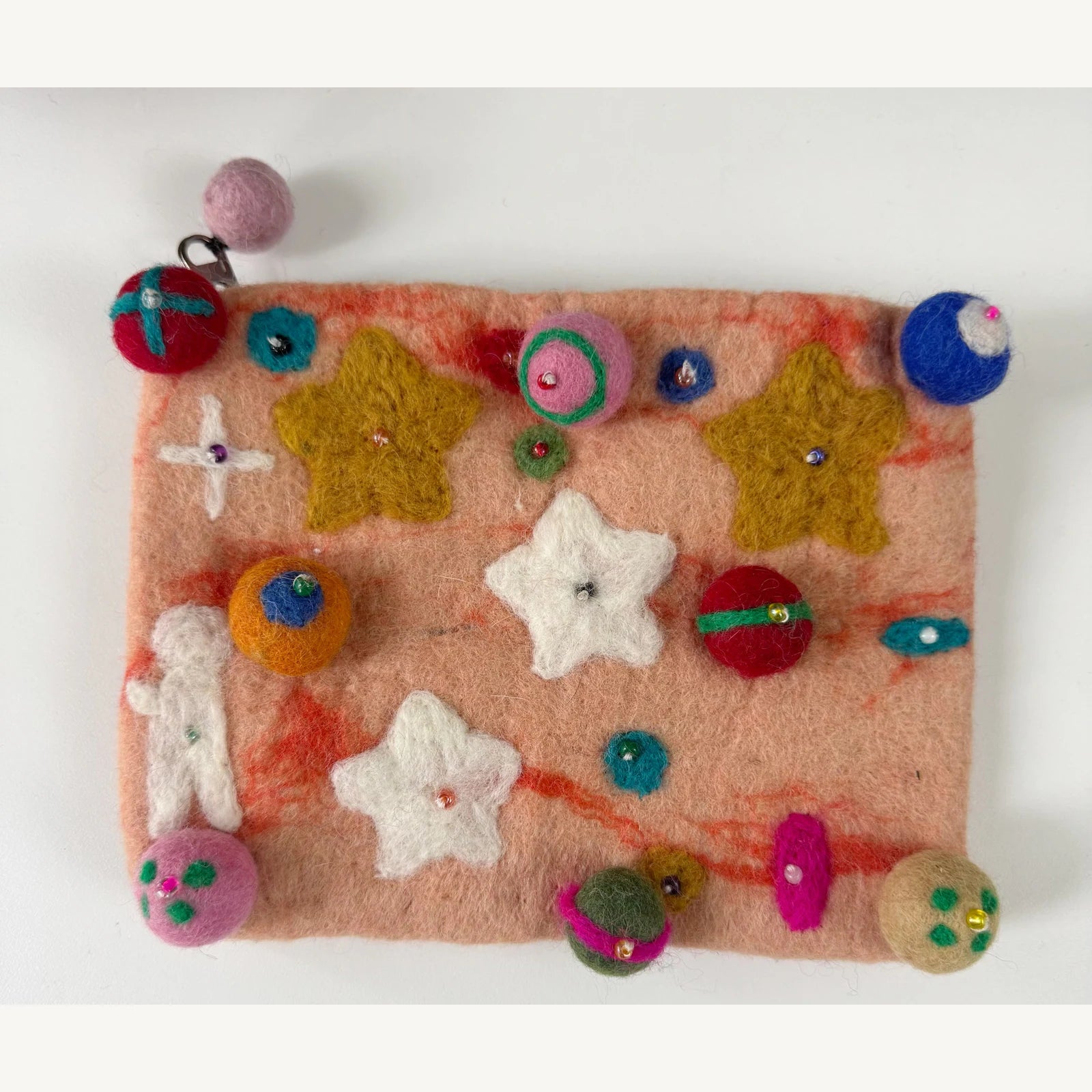 Handmade wool felt zip pouch — Blush Planet — 20 × 14 cm