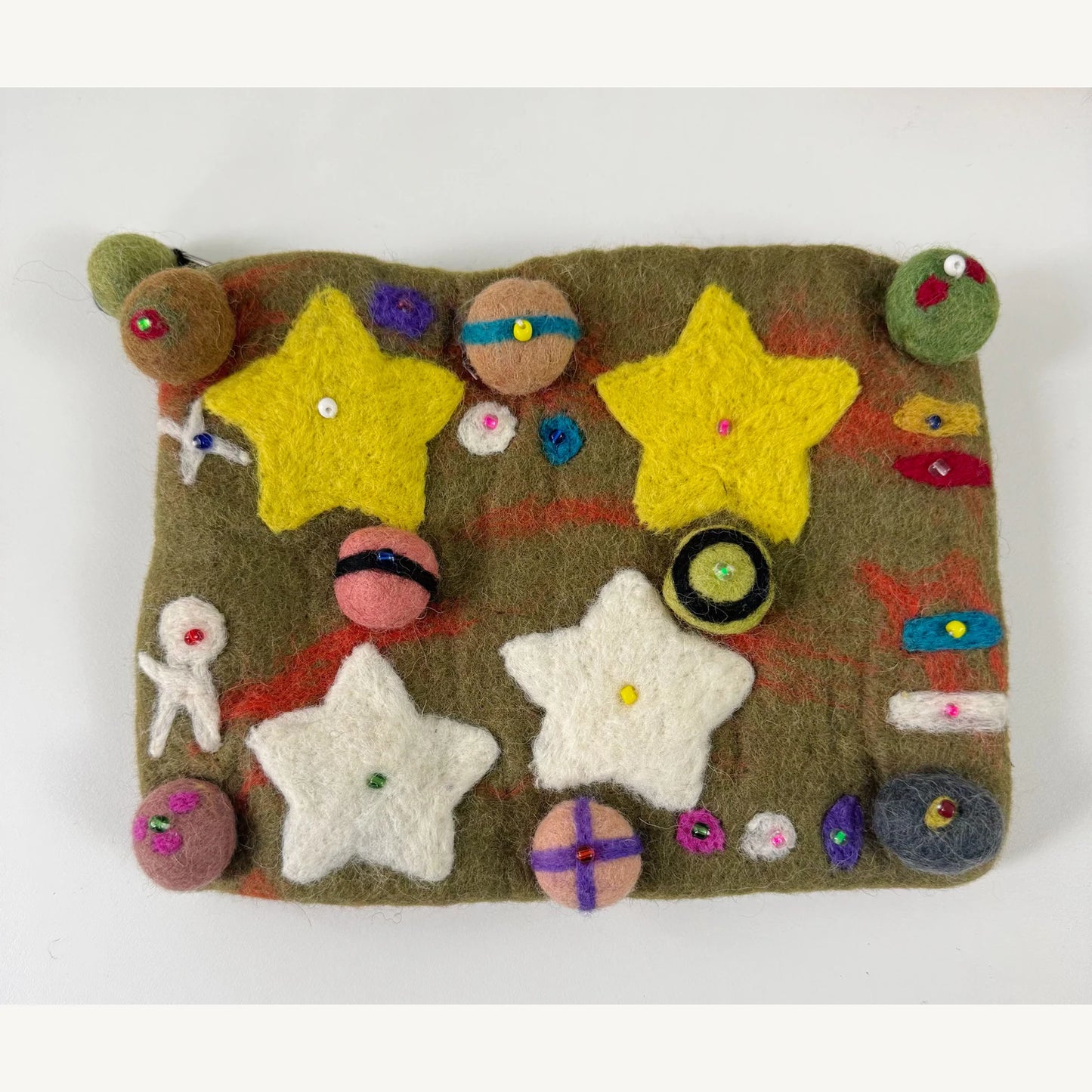 Handmade wool felt zip pouch — Olive Planet — 20 × 14 cm