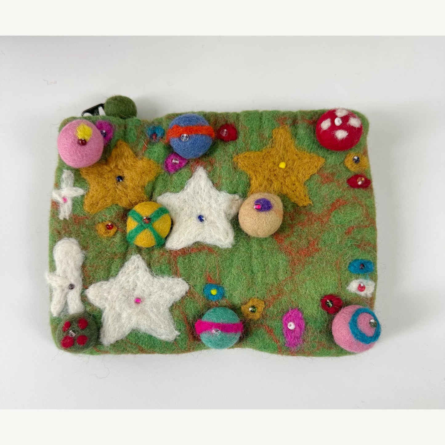 Handmade wool felt zip pouch — Green Planet — 20 × 14 cm