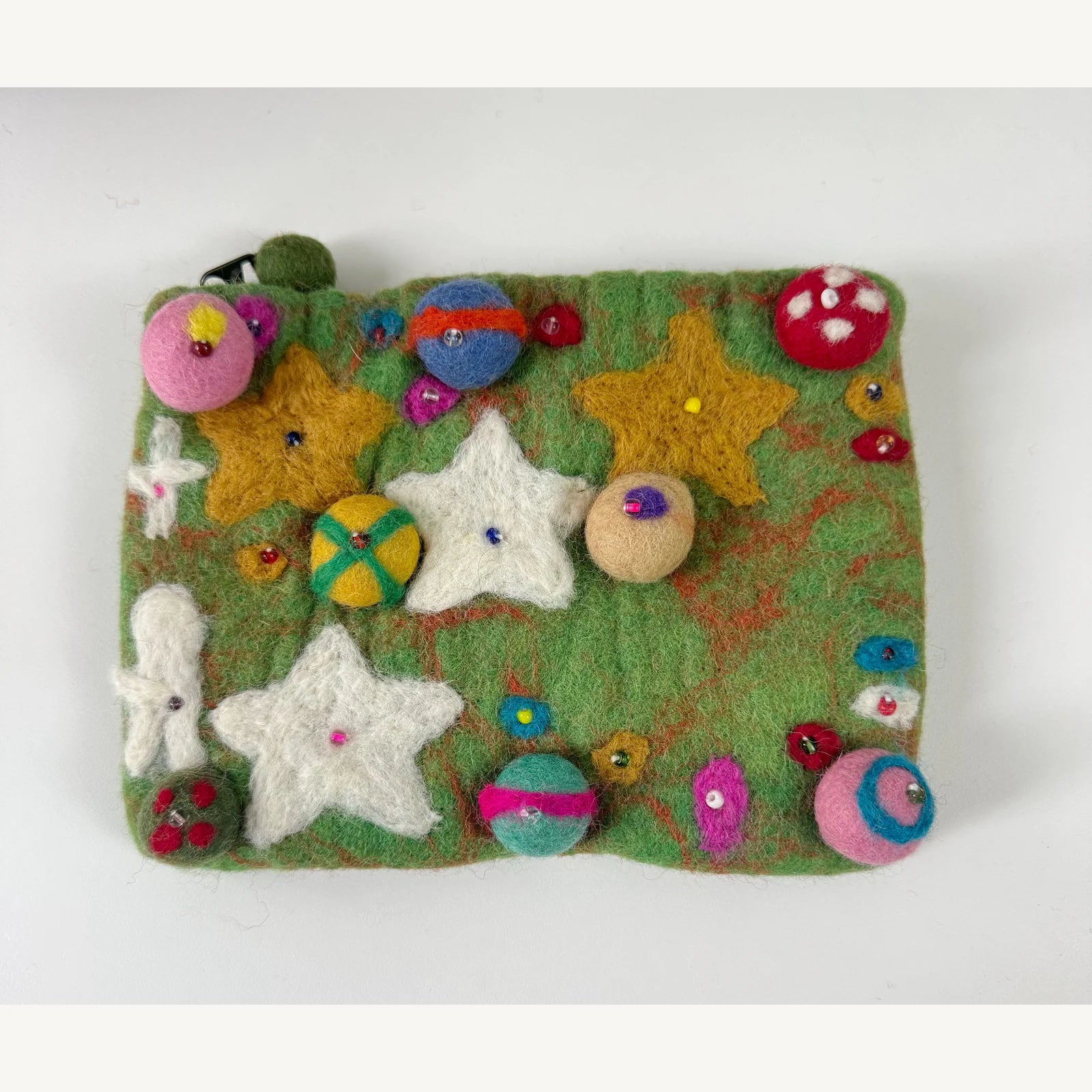 Handmade wool felt zip pouch — Green Planet — 20 × 14 cm