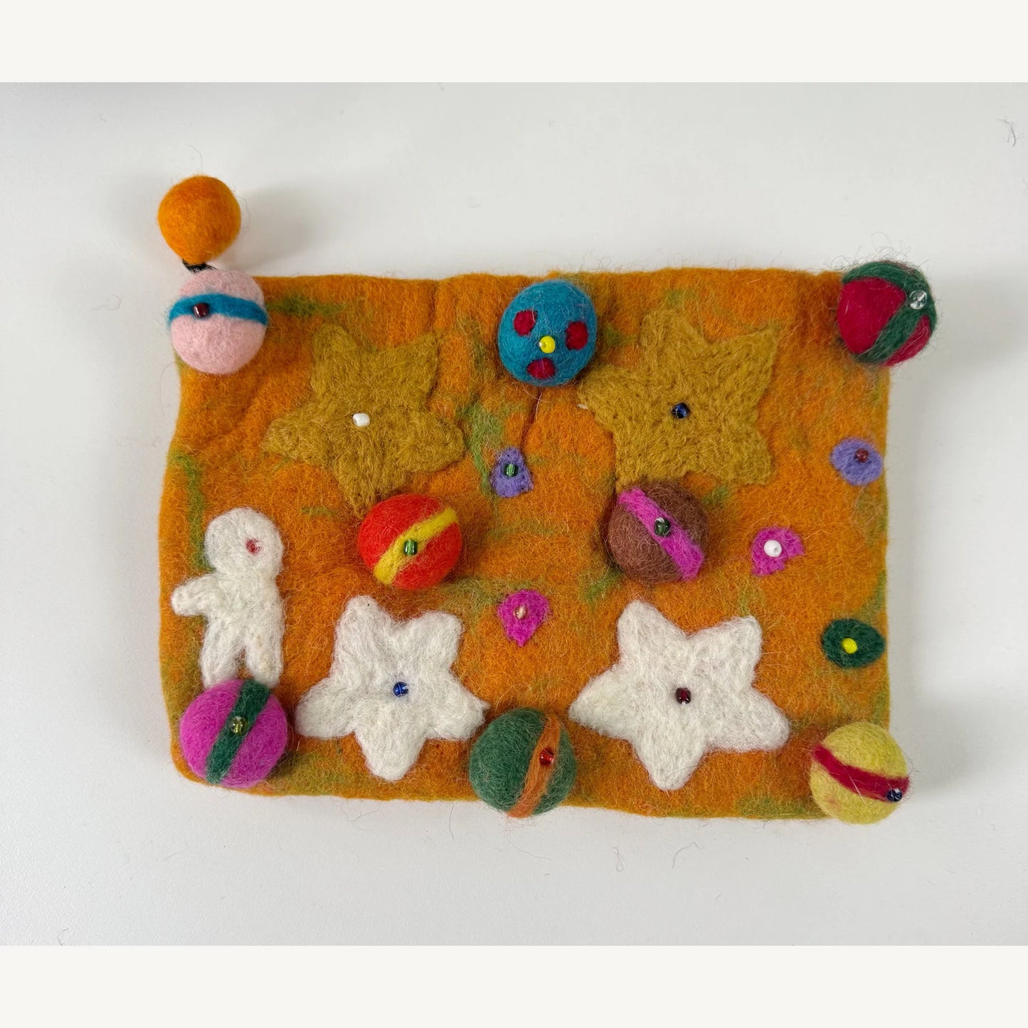 Handmade wool felt zip pouch — Orange Planet — 20 × 14 cm
