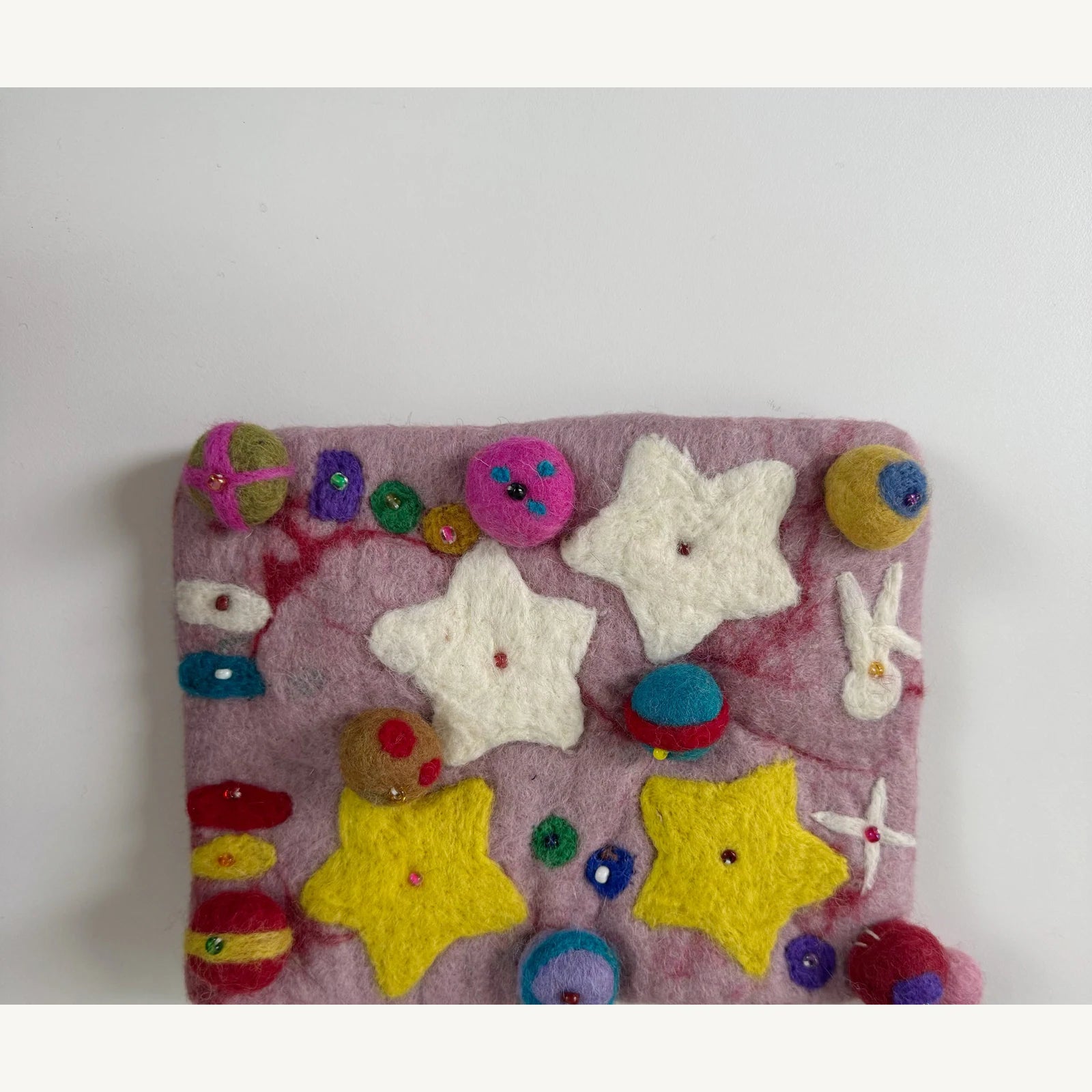 Handmade wool felt zip pouch — Lilac Planet — 20 × 14 cm