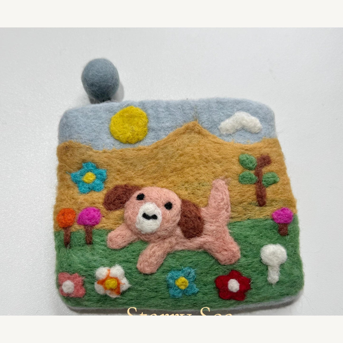 Handmade wool felt zip pouch — Pink Dog — 14 × 11 cm