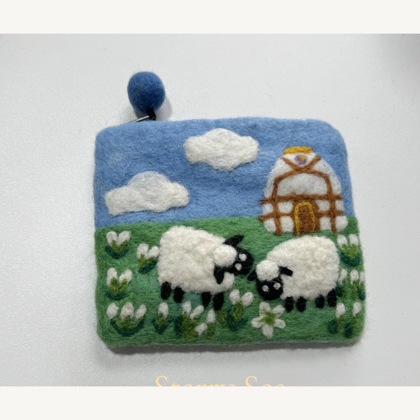 Handmade wool felt zip pouch — Two Black & White Sheep — 14 × 11 cm