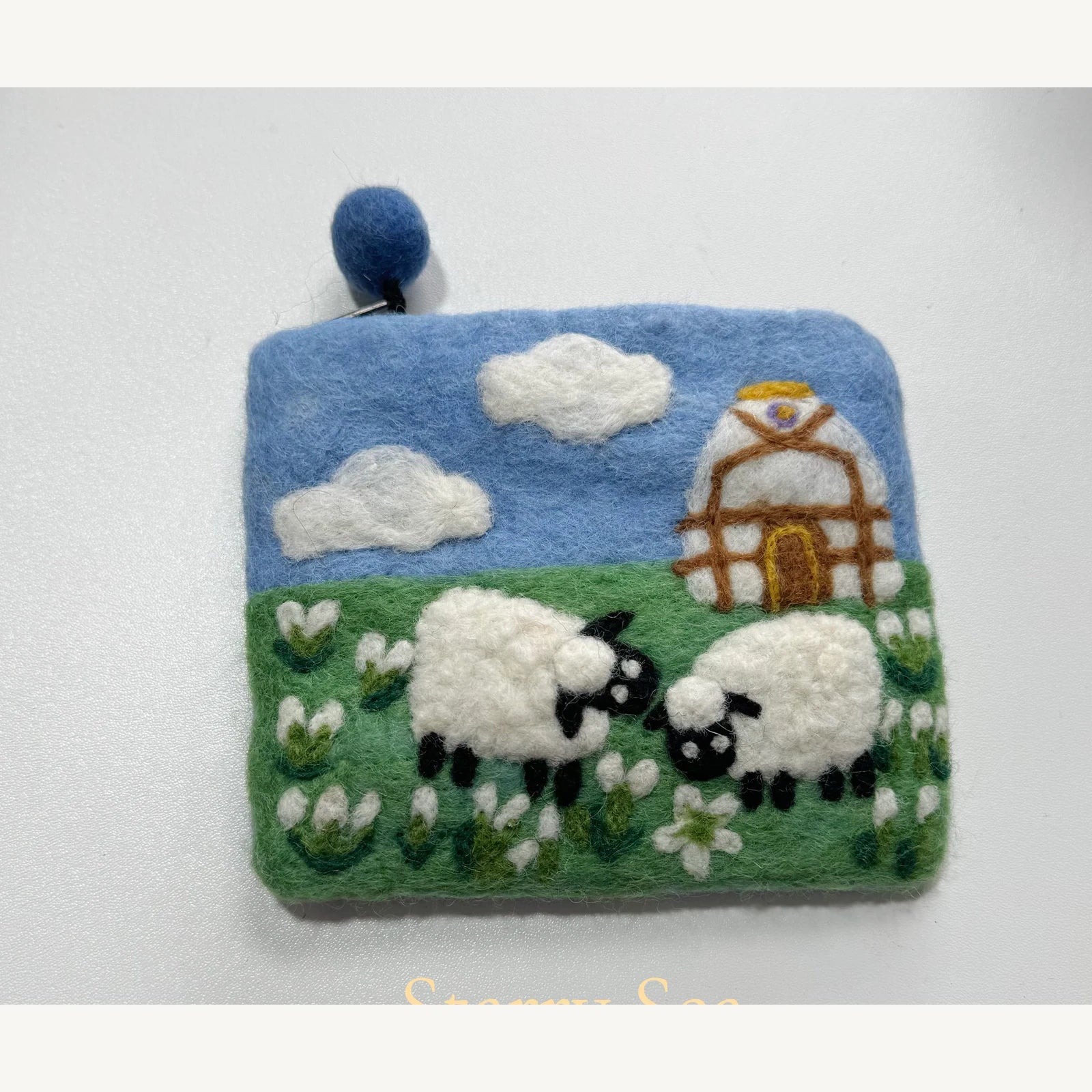Handmade wool felt zip pouch — Two Black & White Sheep — 14 × 11 cm
