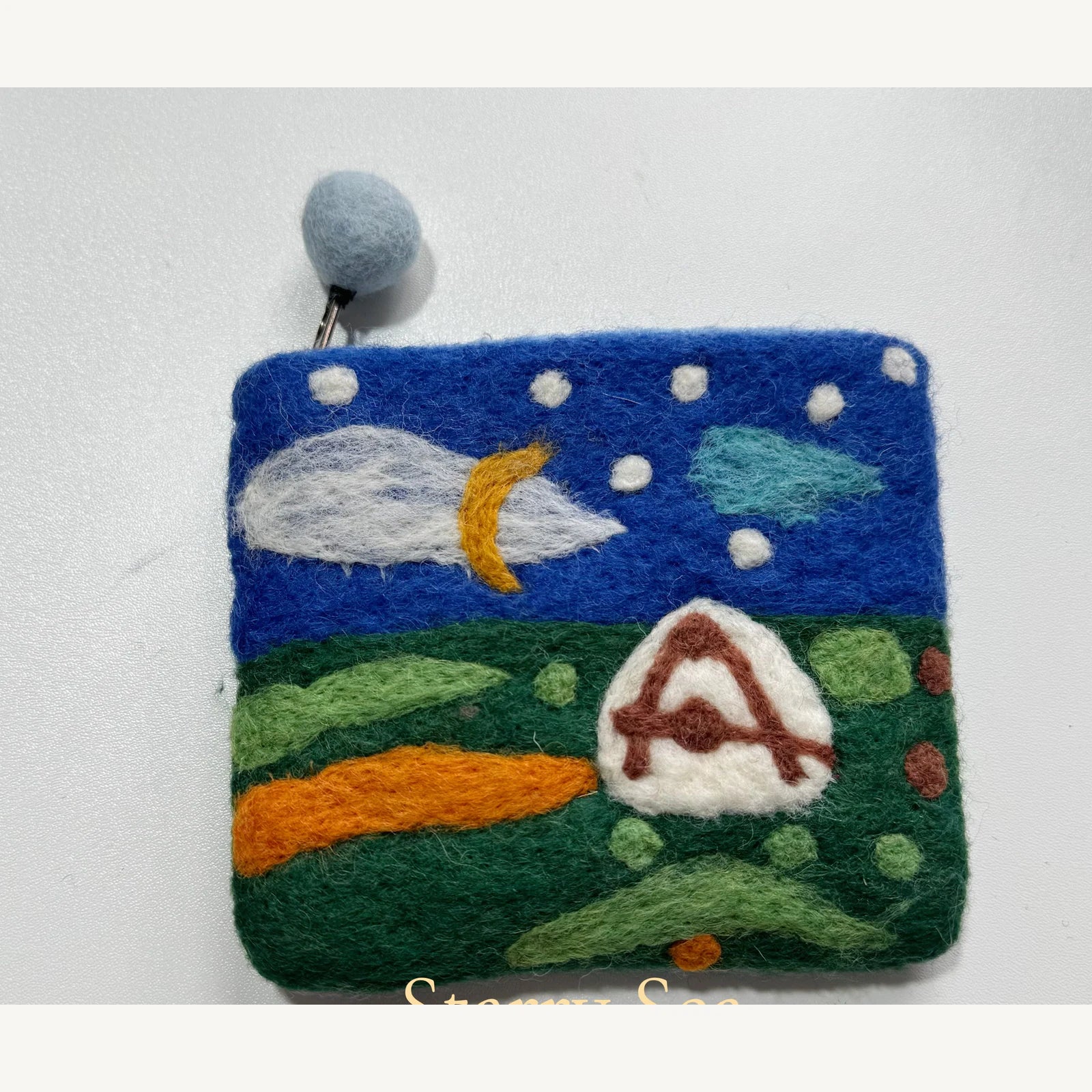 Handmade wool felt zip pouch — Moonlight — 14 × 11 cm