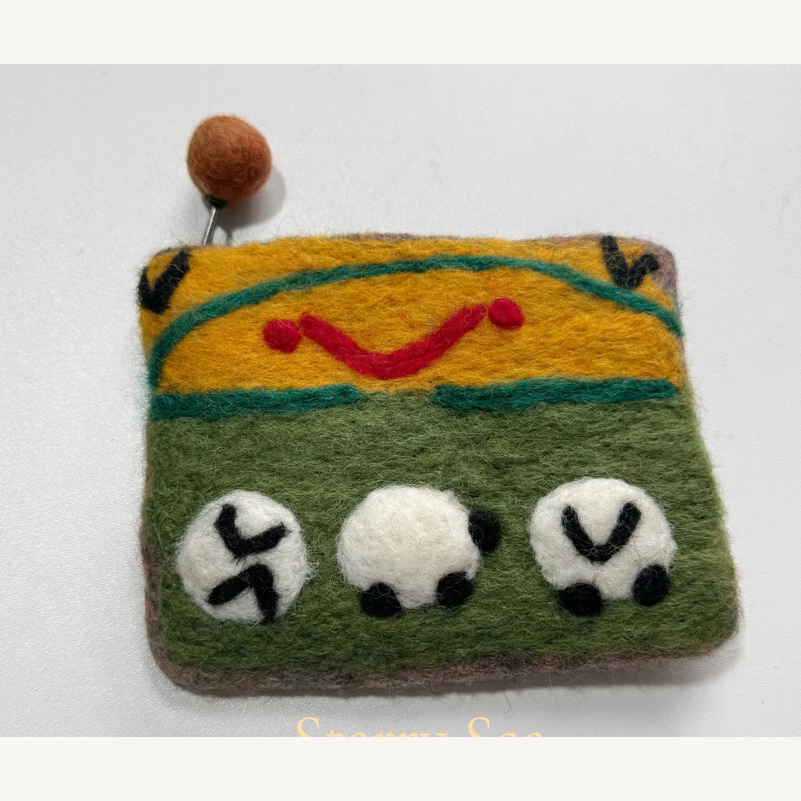 Handmade wool felt zip pouch — Three Black & White Sheep — 14 × 11 cm