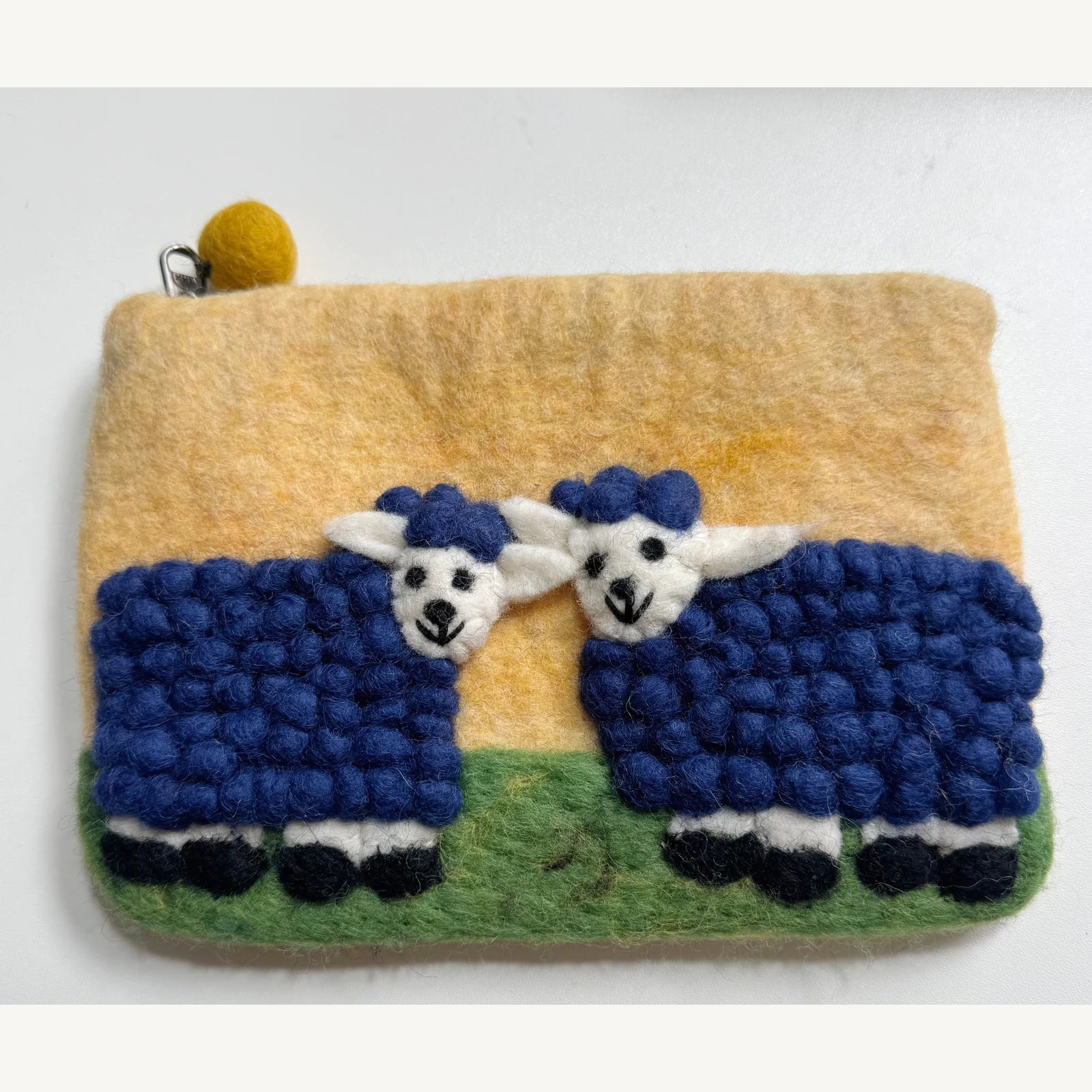Handmade wool felt zip pouch — Navy Sheep / Yellow — 20 × 12 cm