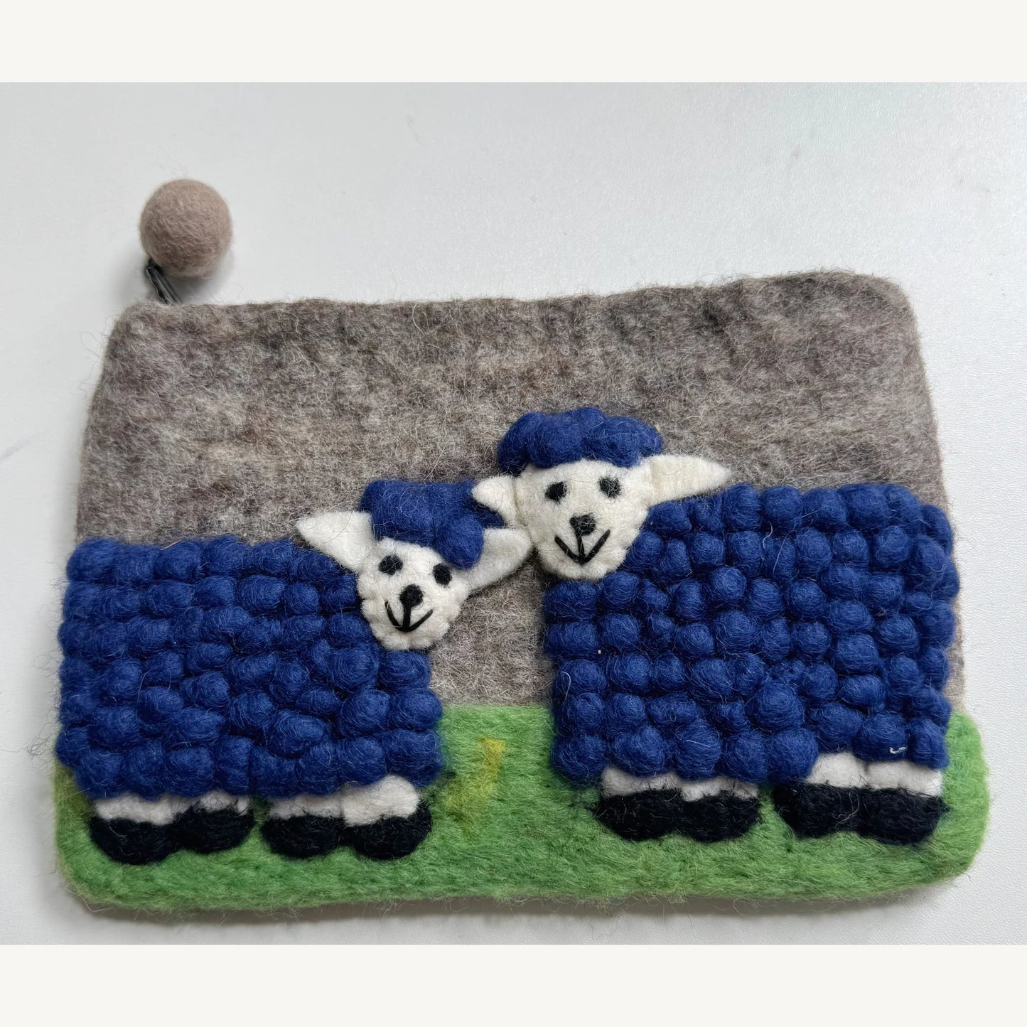 Handmade wool felt zip pouch — Navy Sheep / Charcoal — 20 × 12 cm